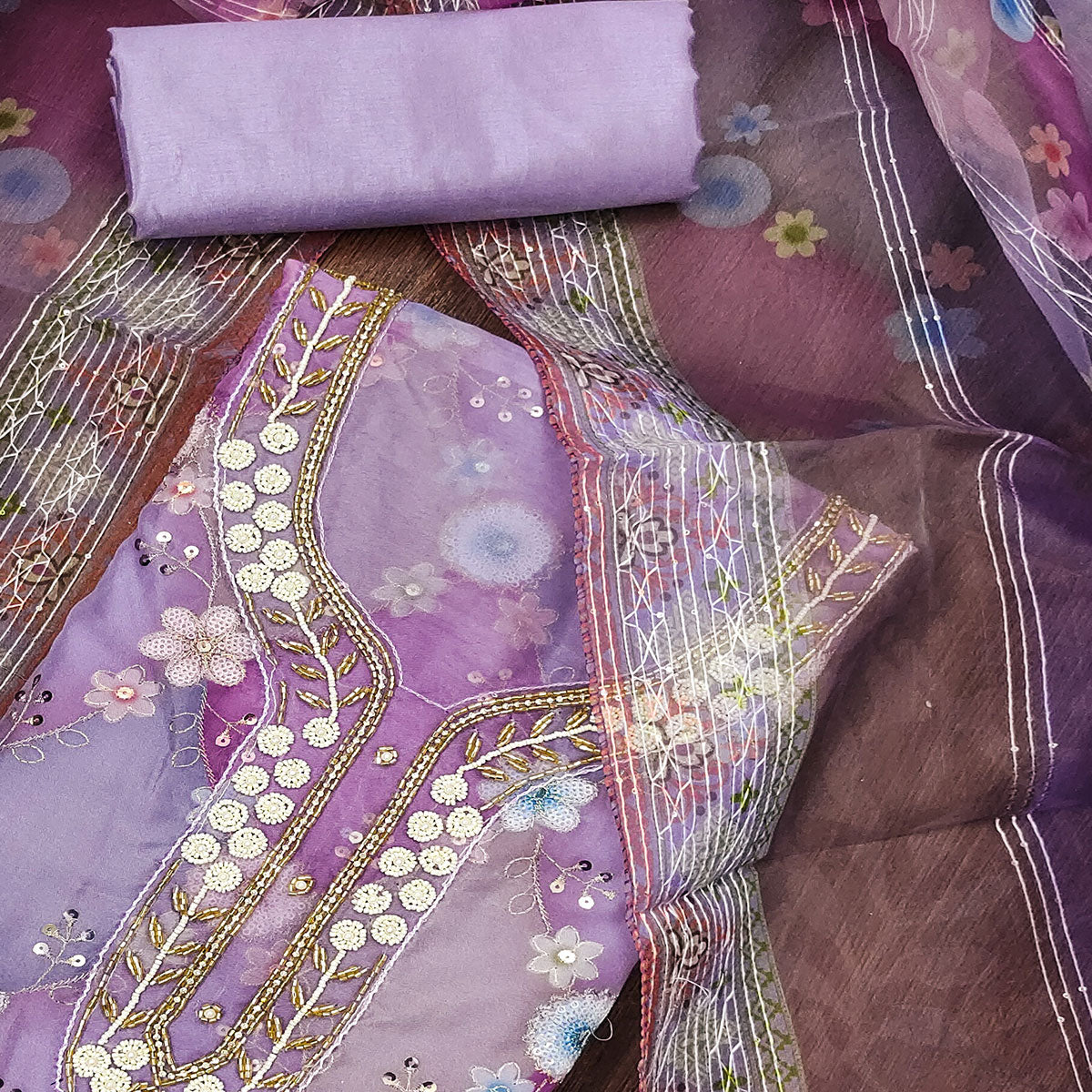 Peachmode Lavender Floral Sequins Embroidered Organza Dress Material - view 2