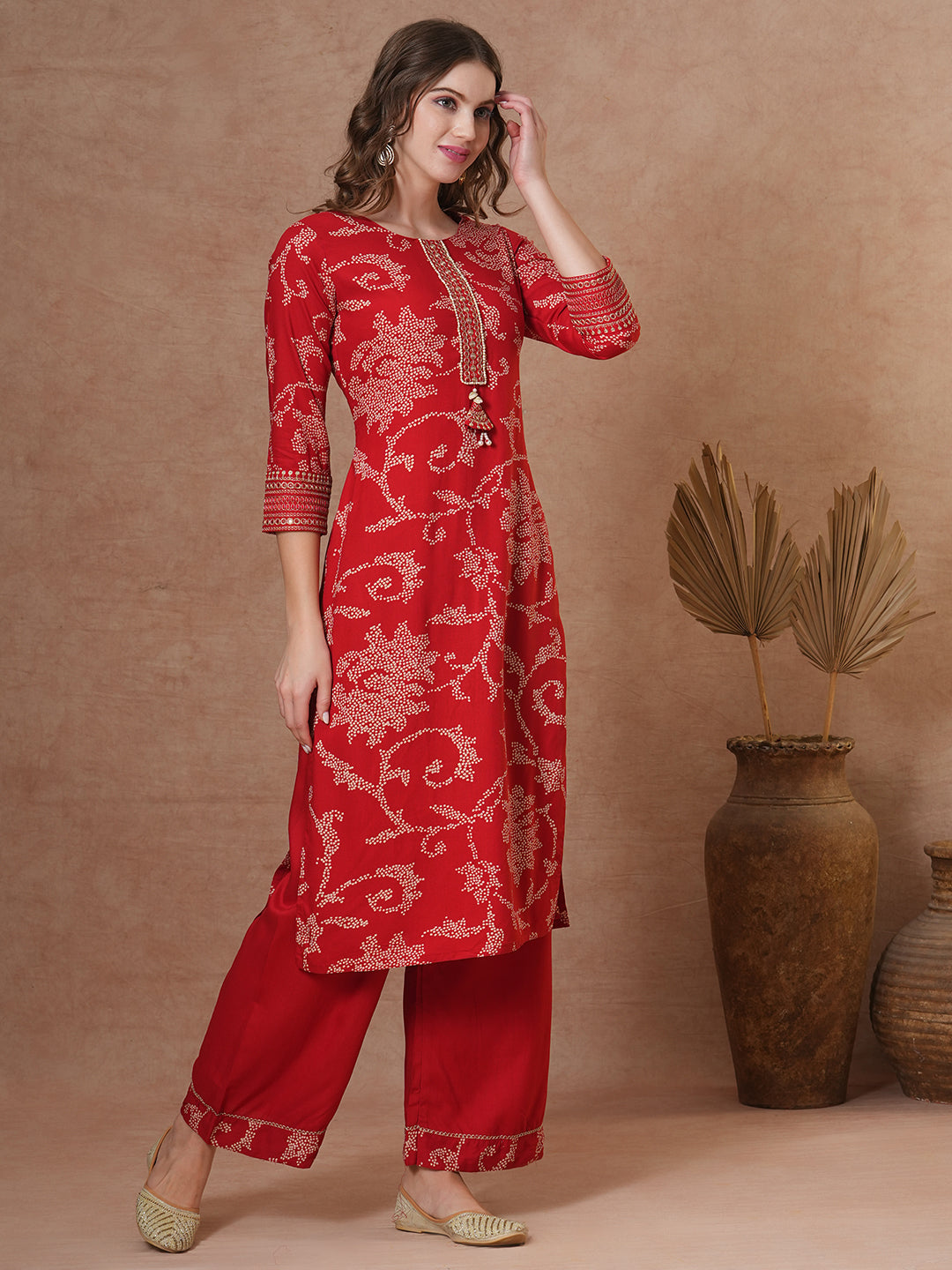 FASHOR Ethnic Bandhani Printed Straight Fit Kurta with Palazzo - Red - view 5