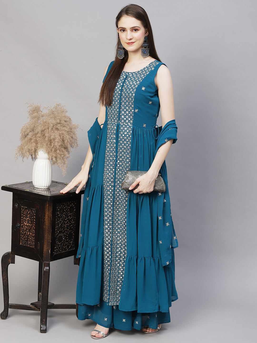 Fashor Ethnic Embroidered Flared Kurta with Palazzo & Dupatta - Teal Blue
