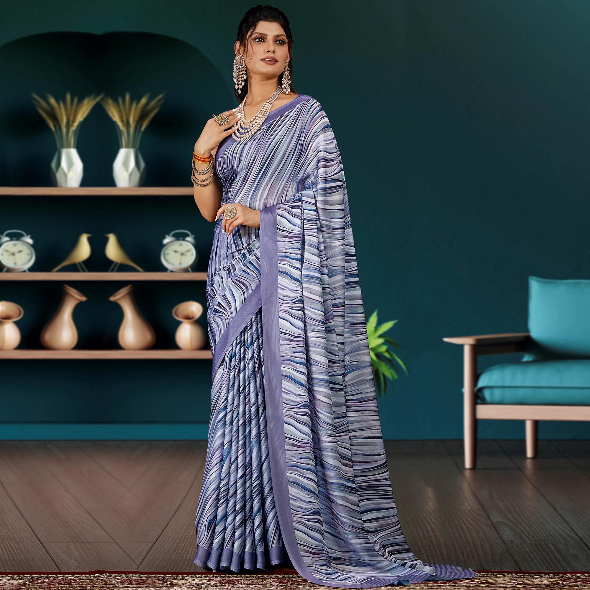 Peachmode Light Purple Digital Printed Satin Saree
