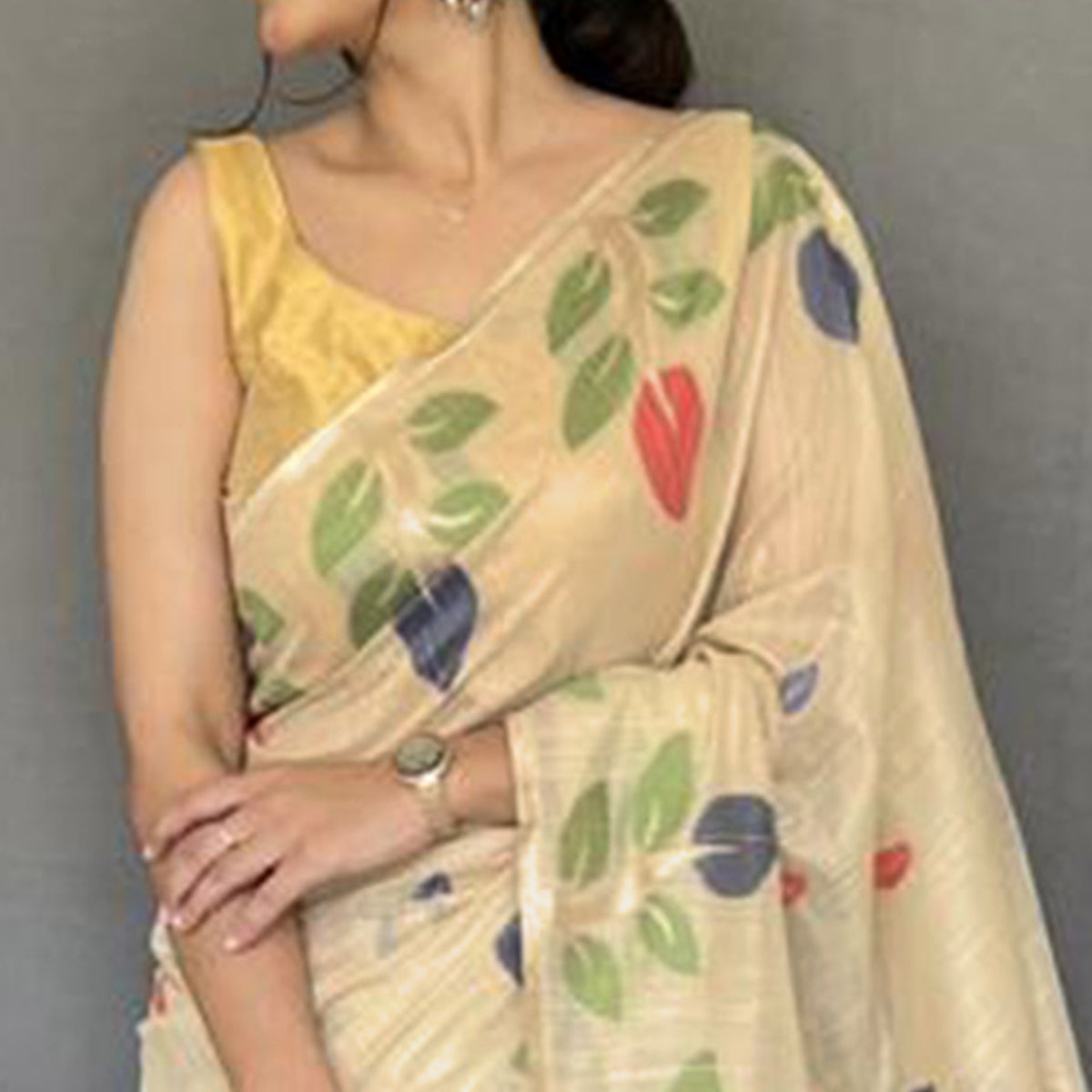 Peachmode Chikoo Floral Woven Cotton Saree – Women's - view 3