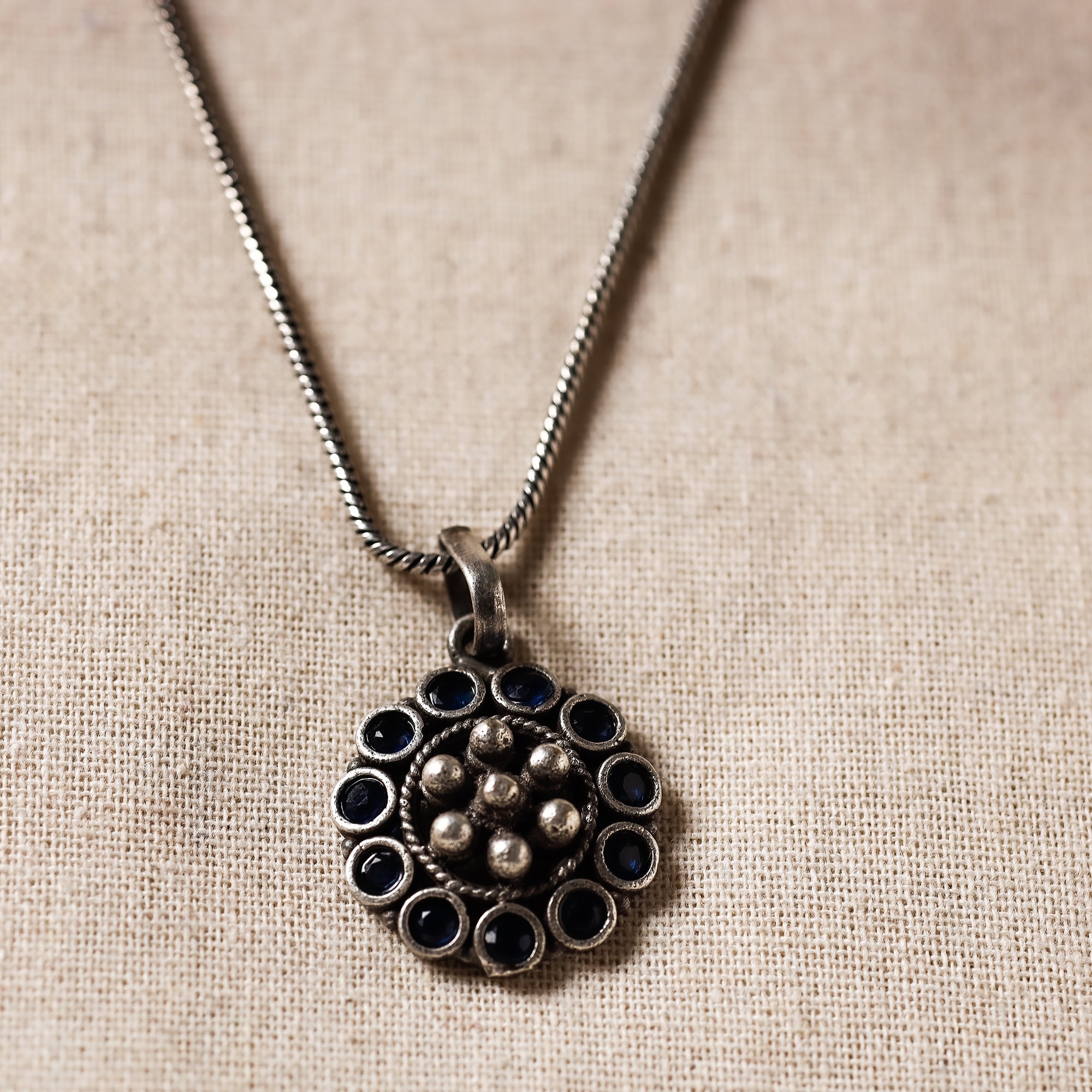WHITE RIVER STORIES Antique Silver Finish Oxidised Brass Base Stone Work Necklace Set with Ring - view 3