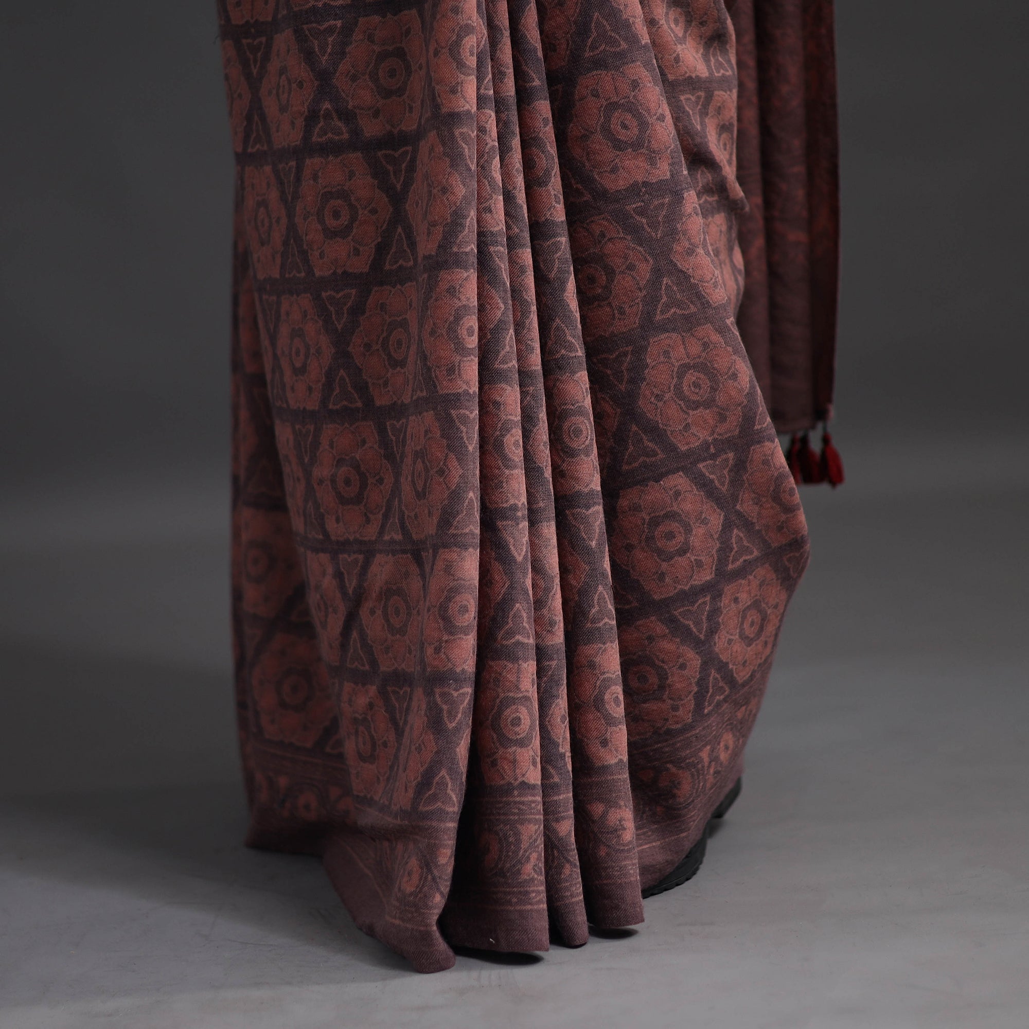 AJRAKH BY JABBAR KHATRI Brown - Merino Wool Block Print Ajrakh Saree with Tassels 03 - view 6