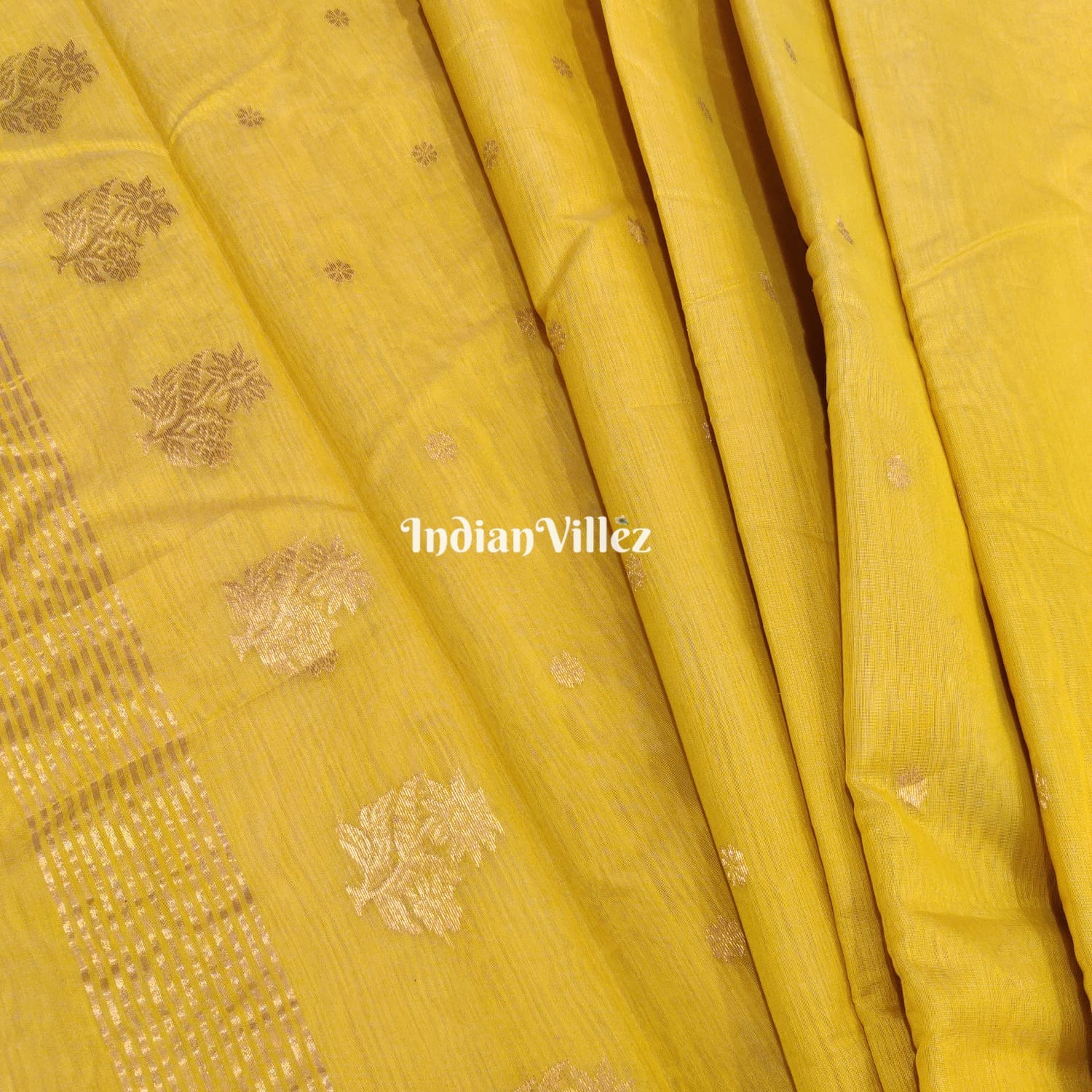 IndianVillèz Yellow Flower Design Handloom Pure Chanderi Silk Saree