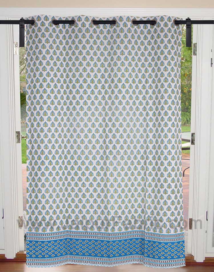 JaipurFabric® Sky Blue Floral Geometric print Cotton Grommet Curtain - view 2