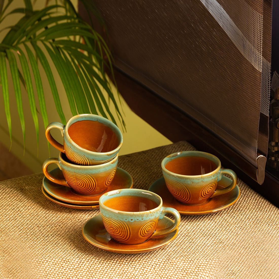 EXCLUSIVELANE 'Peacock Boulevard' Hand-Engraved Ceramic Tea Cups & Saucers (Set of 4, 180 ML, Microwave Safe)