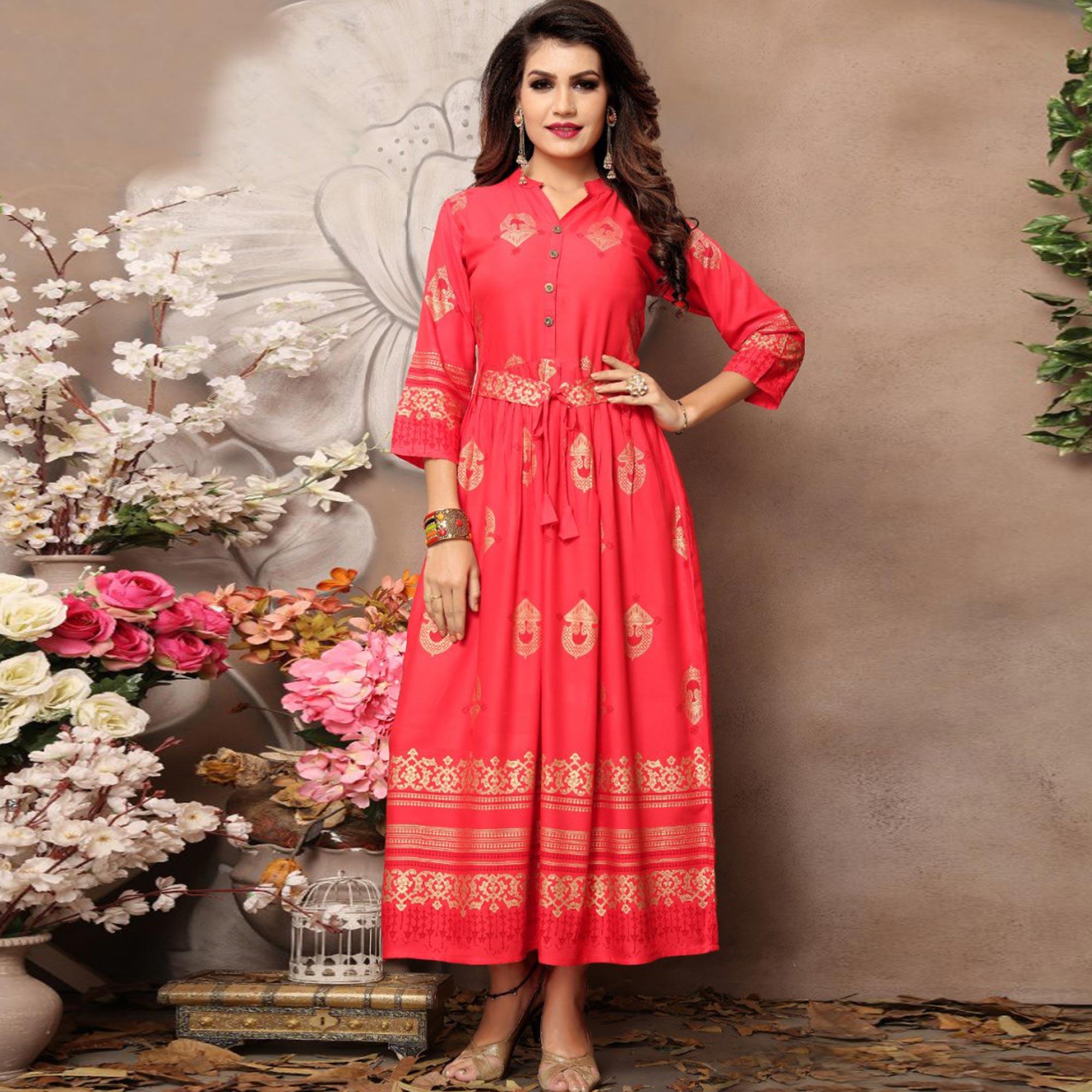Peachmode Seller Energetic Light Red Colored Party Wear Foil Block Printed Rayon Kurti