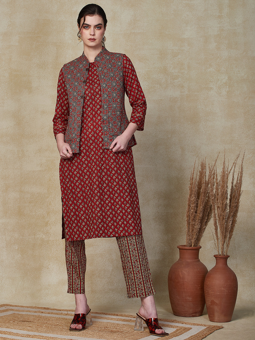 Fashor Ethnic Floral Printed Straight Kurta & Pant with Quilted Printed Jacket - Maroon - view 3