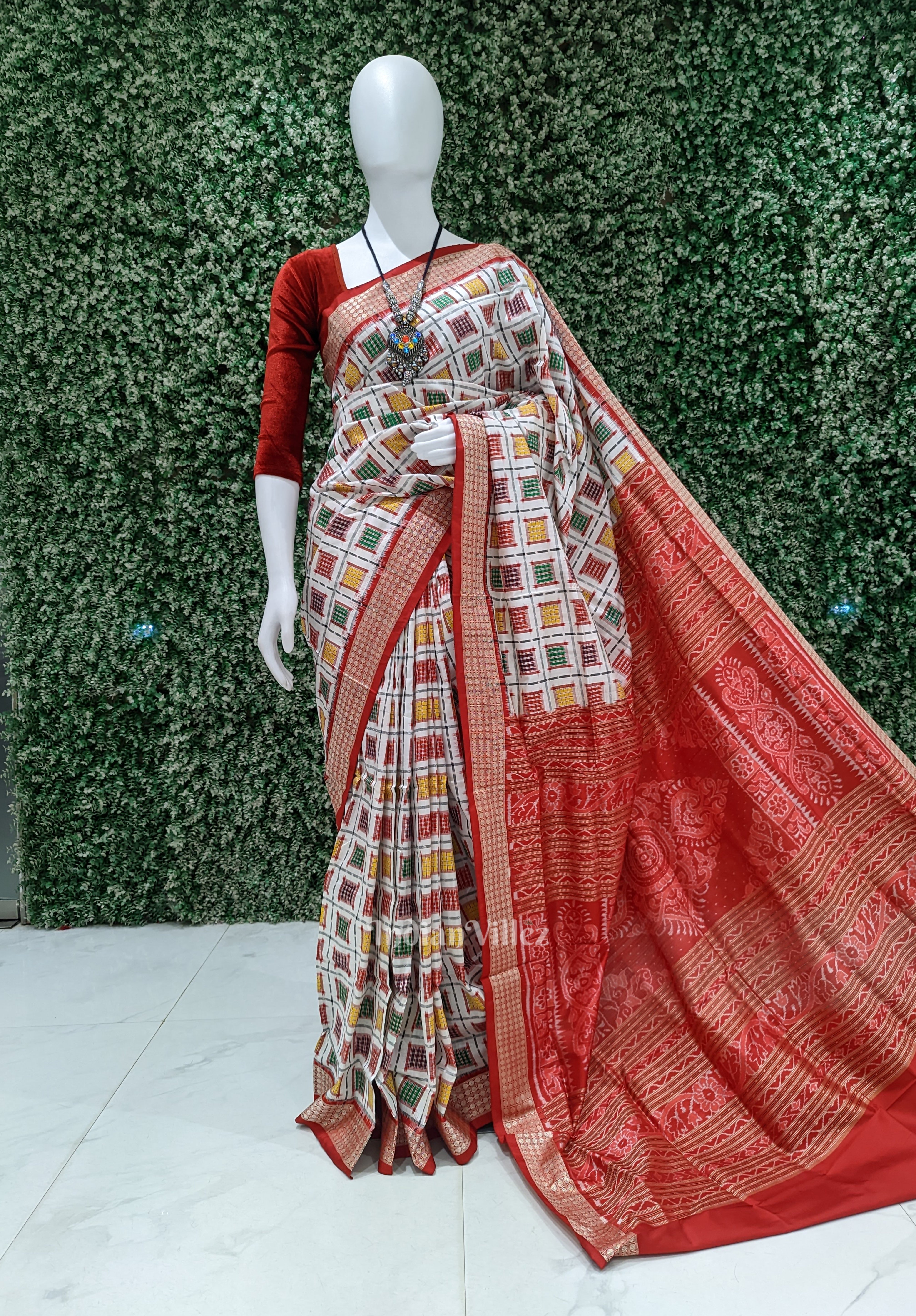 IndianVillèz White Ashwani Theme Odisha Ikat Sambalpuri Silk Saree