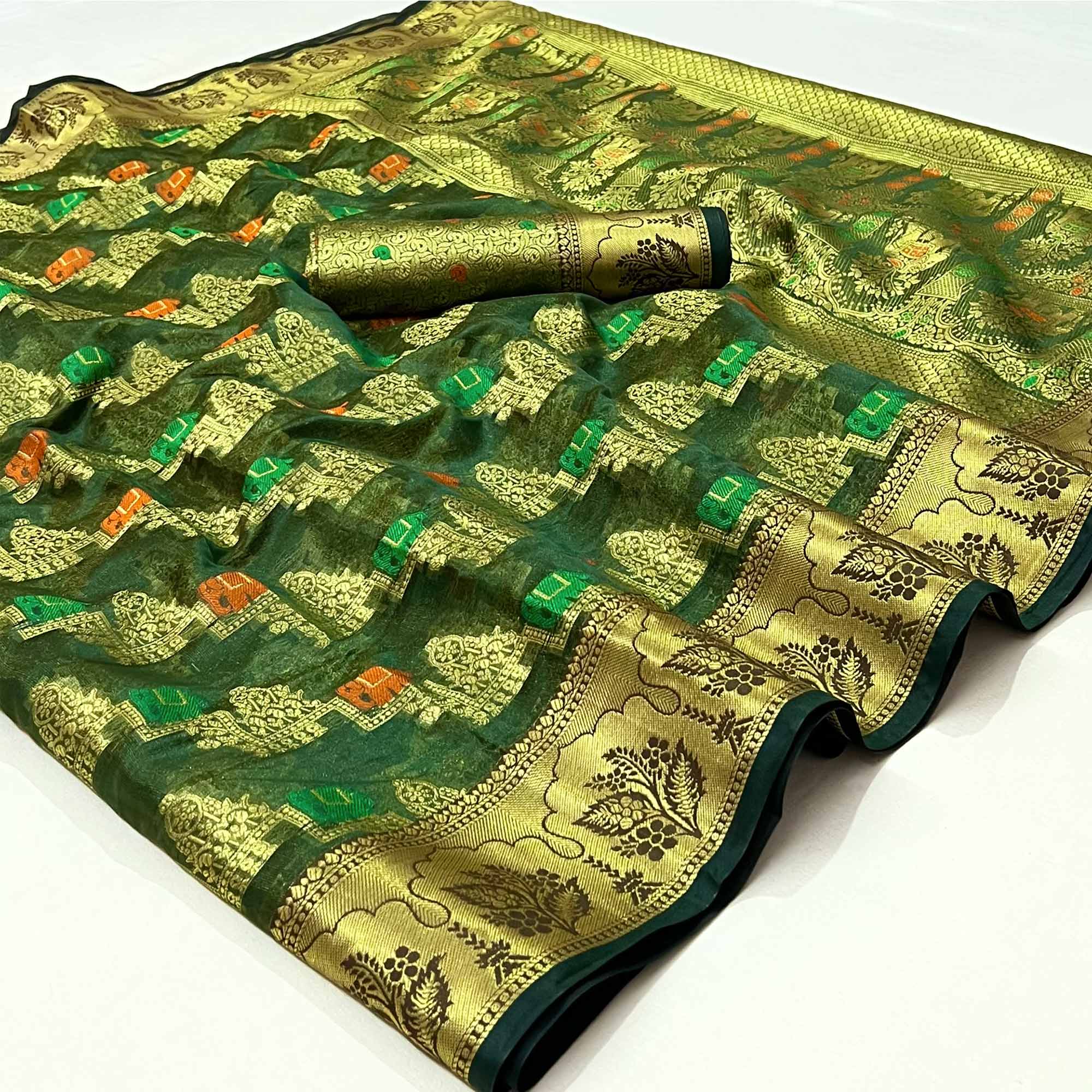 Peachmode Dark Green Woven Organza Saree – Women's