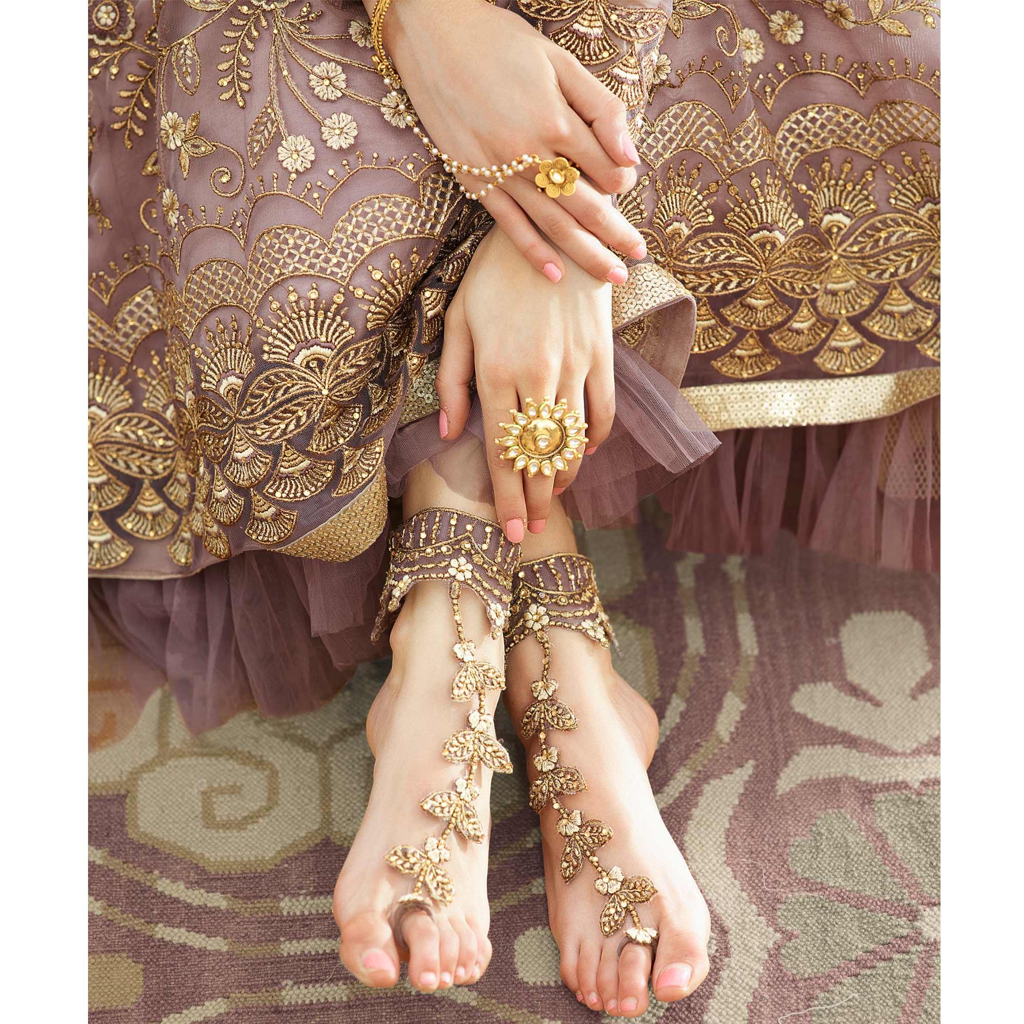 Peachmode Jazzy Mauve Coloured Partywear Embroidered Net Anarkali Suit - view 3
