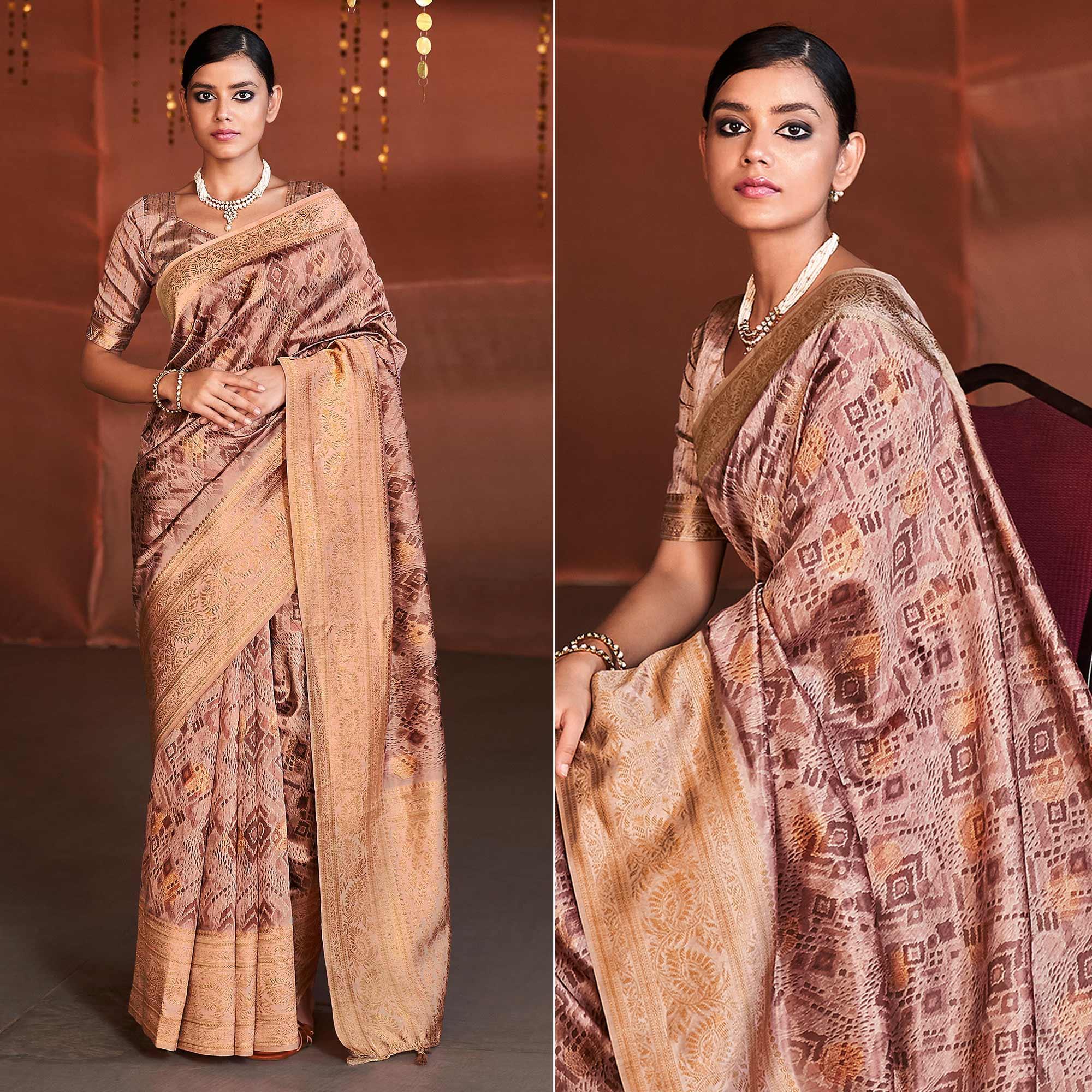 Peachmode Light Pink Digital Printed With Woven Border Art Silk Saree