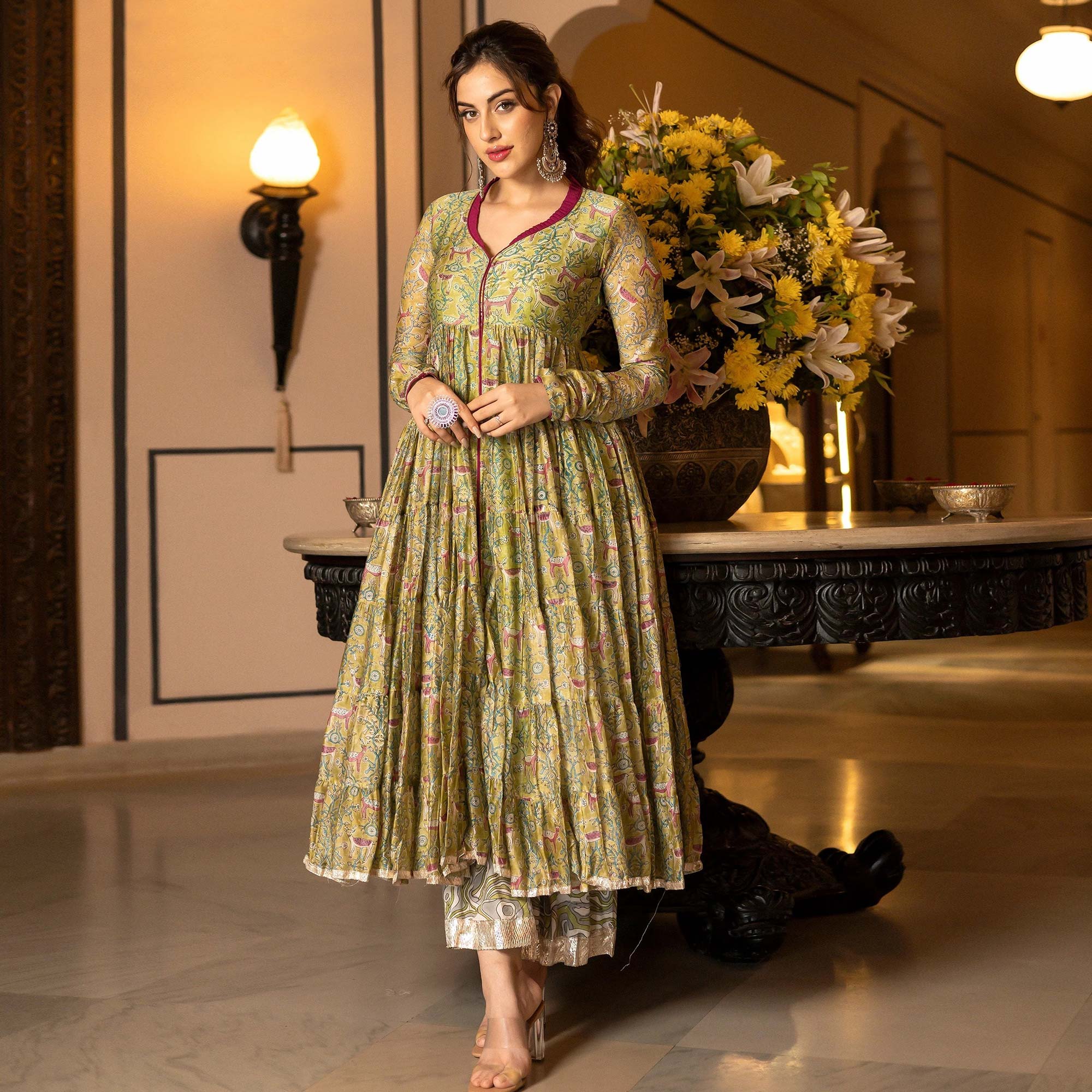Peachmode Seller Mahendi Green Floral Digital Printed Chanderi Anarkali Style Suit - view 2