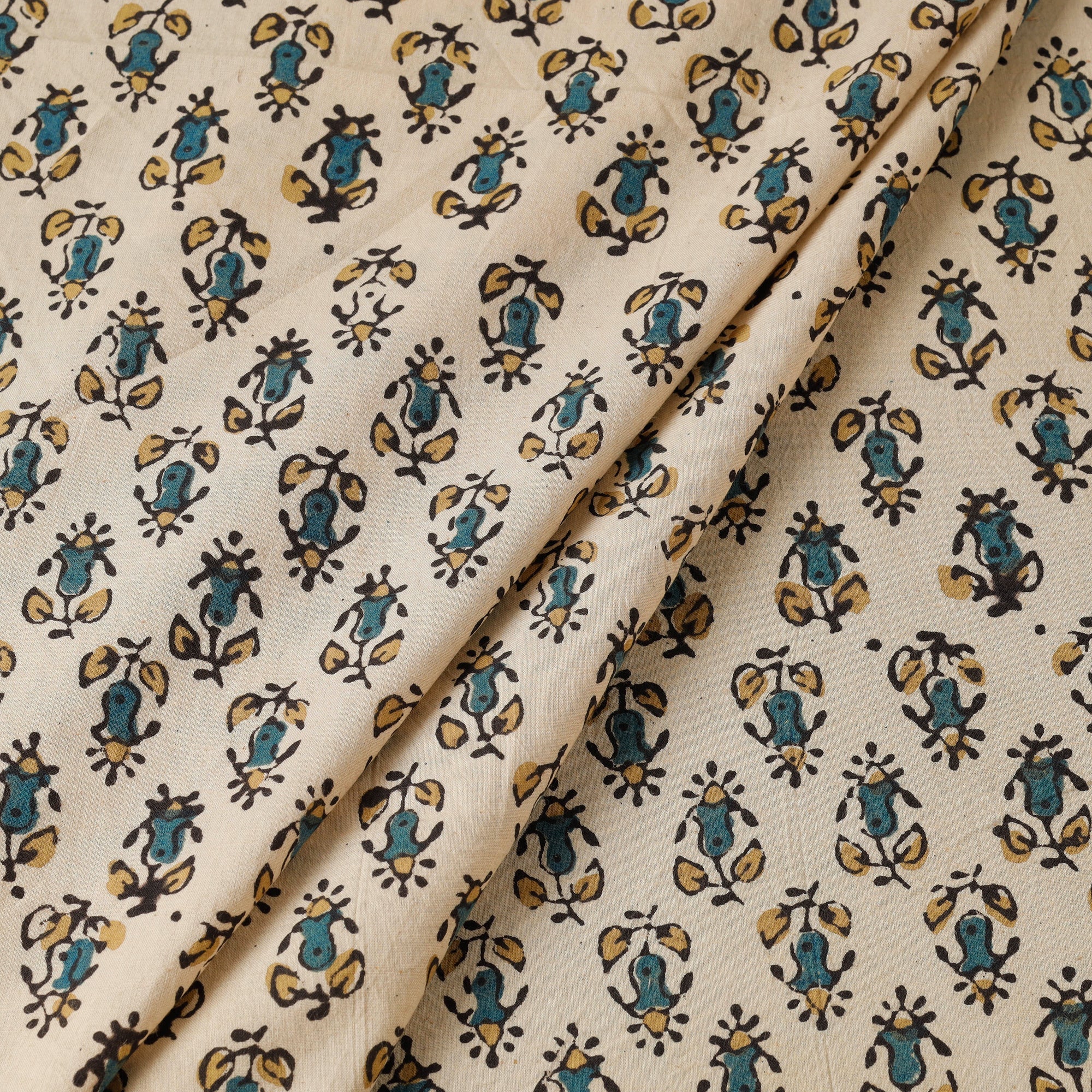 KACHCHH JI CHHAAP Beige - Bisque Green Florets Block Print Cotton Ajrakh Fabric 47 - view 2