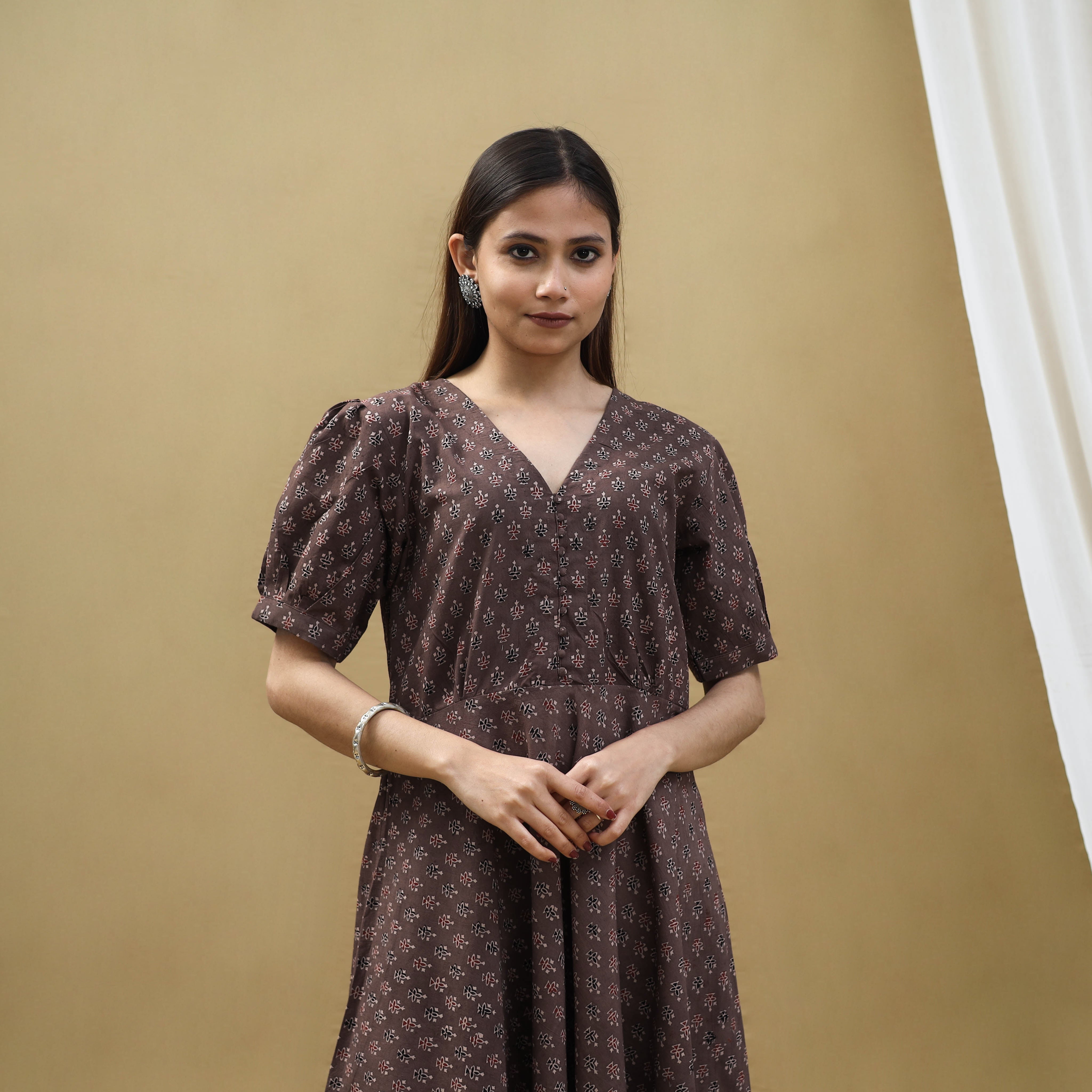 ITOKRI CASUALS Brown - Block Print Cotton Flared Ajrakh Dress 02 - view 2