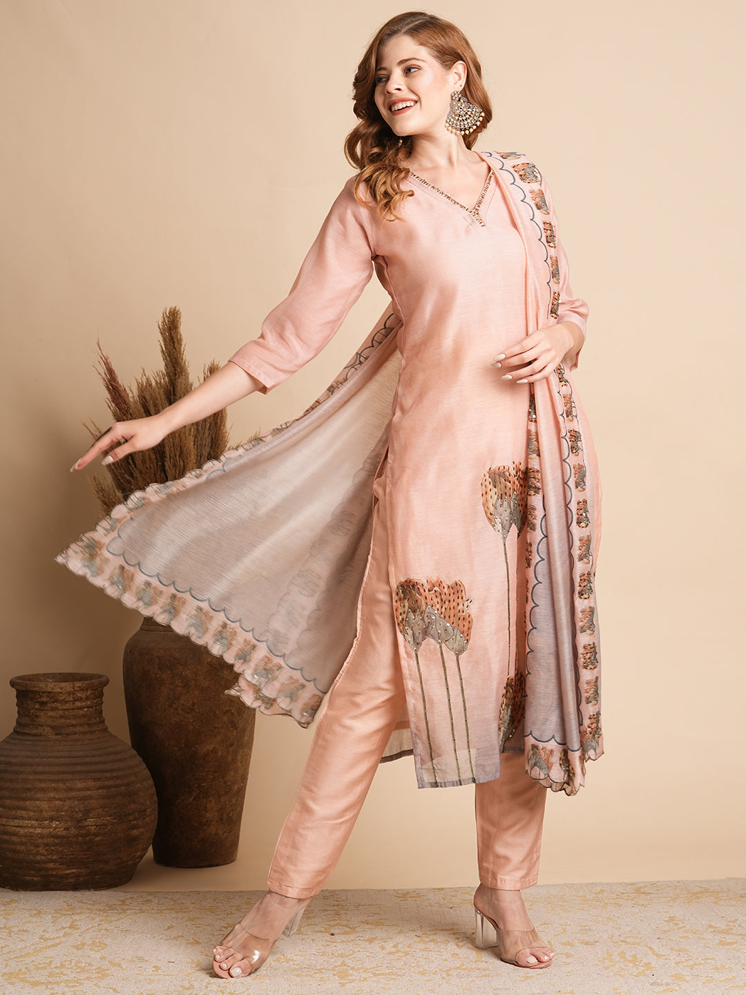 FASHOR Floral Printed & Hand Embroidered Straight Fit Kurta with Pant and Dupatta - Peach