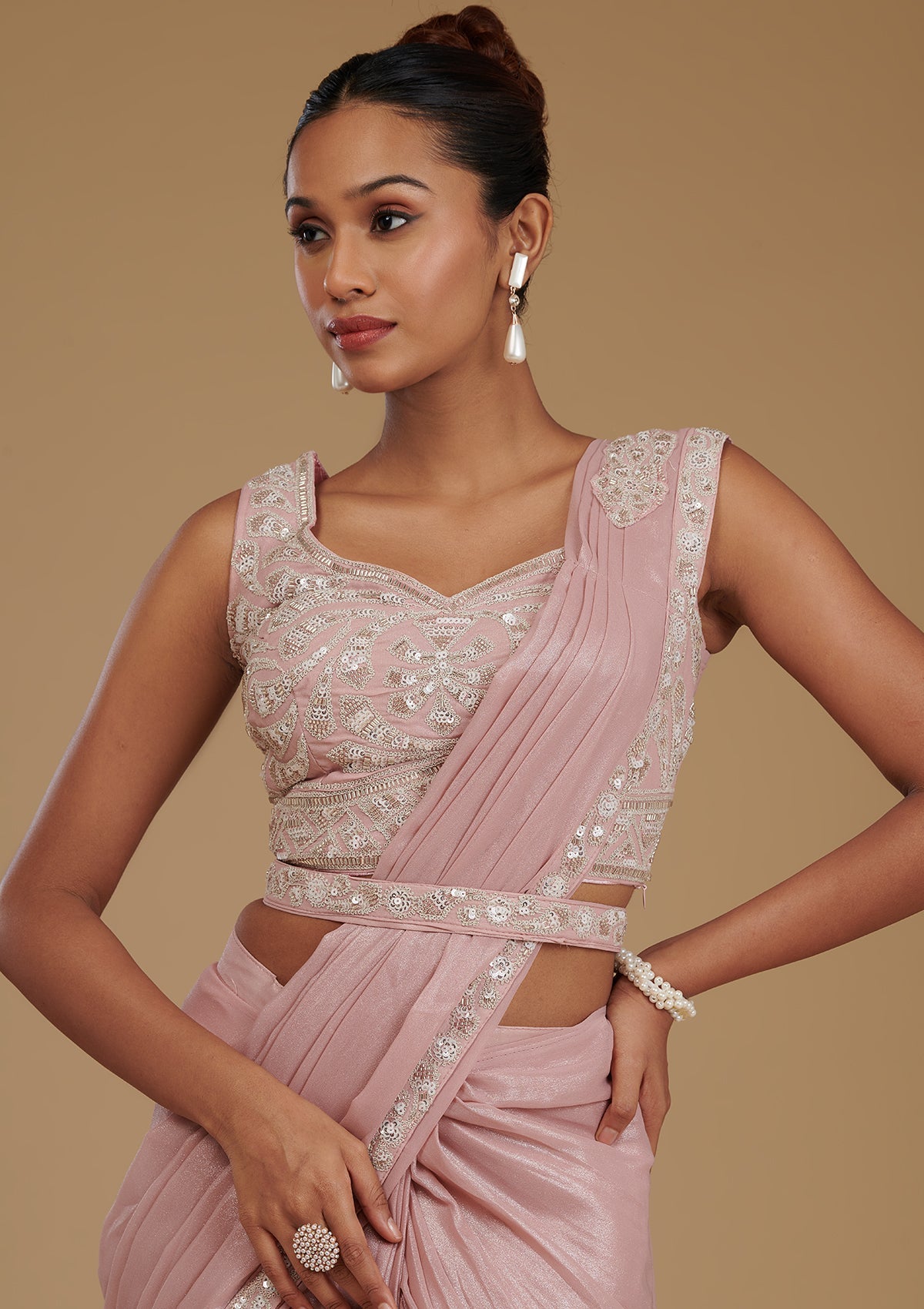 Koskii Peach Sequins Chiffon Readymade Saree – Women's - view 2