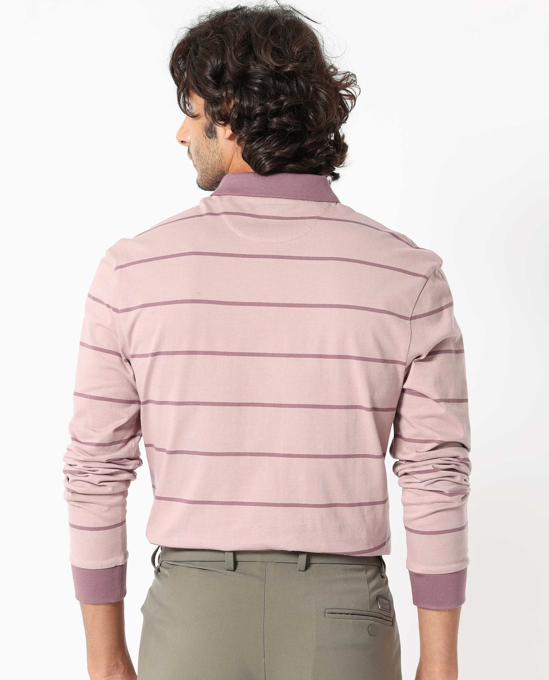 Rare Rabbit Men's Clove Dusky Pink Cotton Fabric Collared Neck Full Sleeves Striped Polo T-Shirt - view 8
