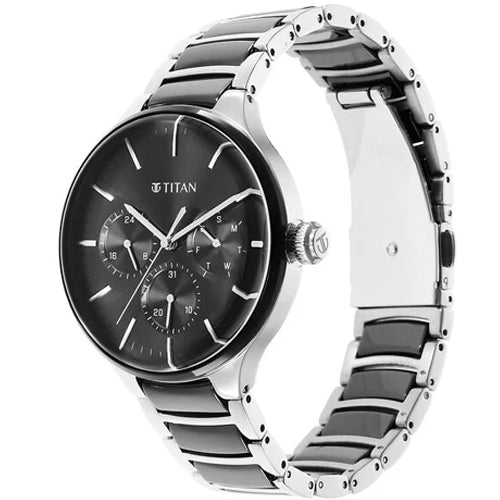 Titan Ceramic Fusion Quartz Multifunction Black Dial Silver Dual-Toned Stainless Steel Bracelet Watch for Men 42mm NT90148KD01 - view 2