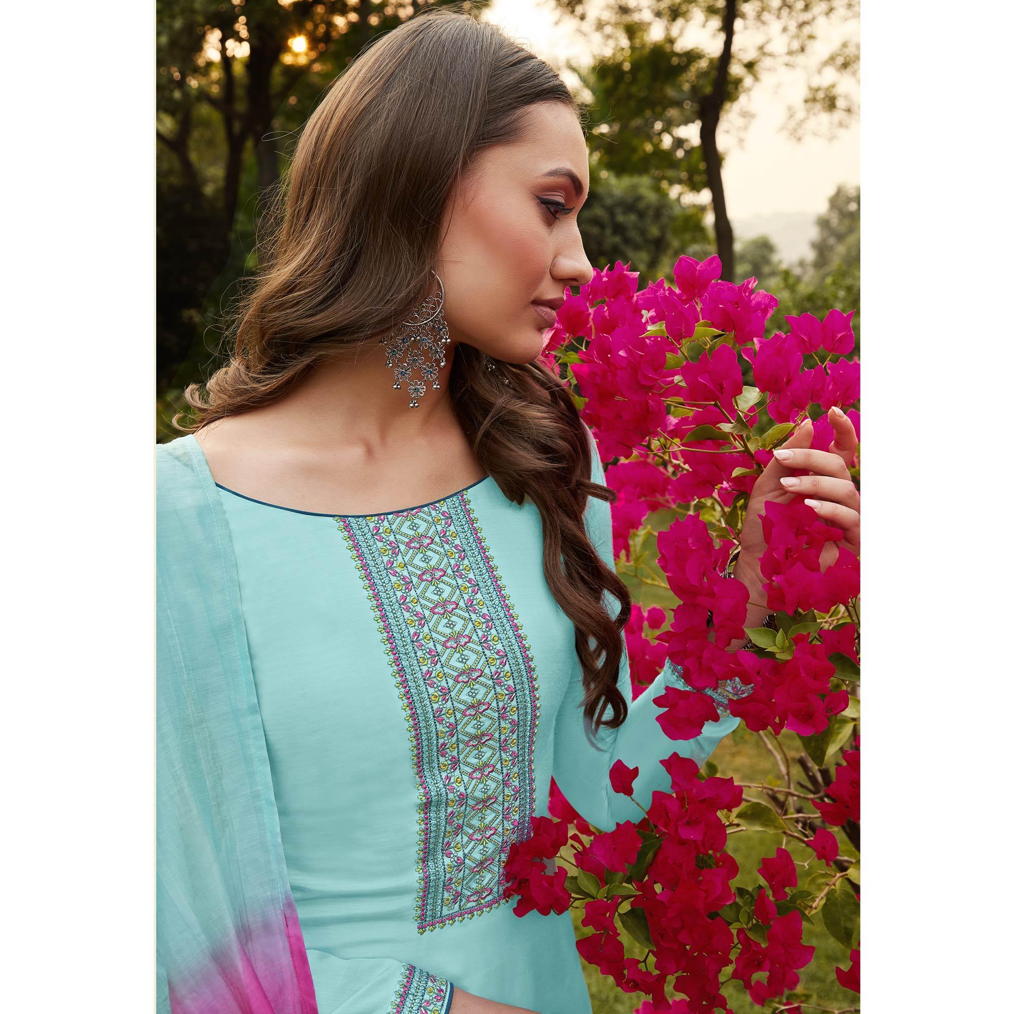 Peachmode Light Blue Casual Wear Embroidered Georgette Suit - view 3
