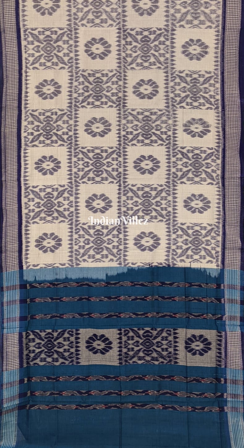 IndianVillèz White Blue Computer Design Maniabandha Cotton Saree