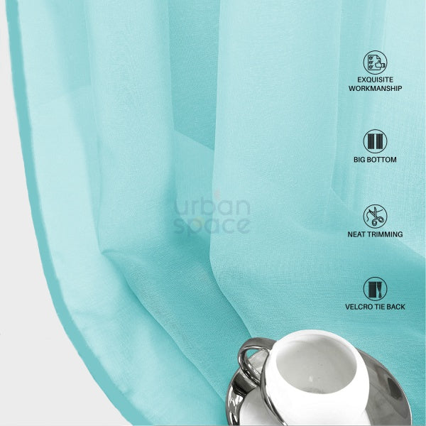 Urban Space -Home Furnishing Store Sheer Curtain for Living Room with linen texture, Net Curtain for balcony, Pack of 2 Curtains - Aqua Blue - view 2