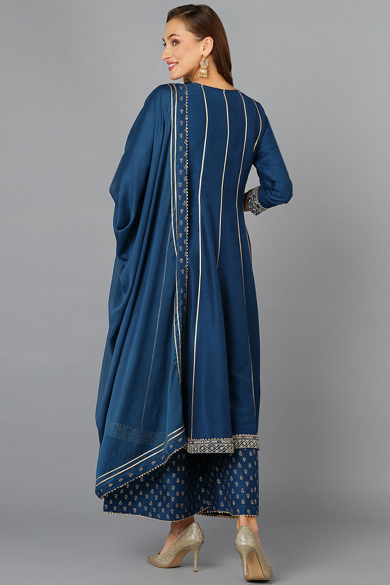 Ahika Teal Blue Silk Blend Ethnic Motifs Anarkali Suit Set PKSKD1930 - view 4