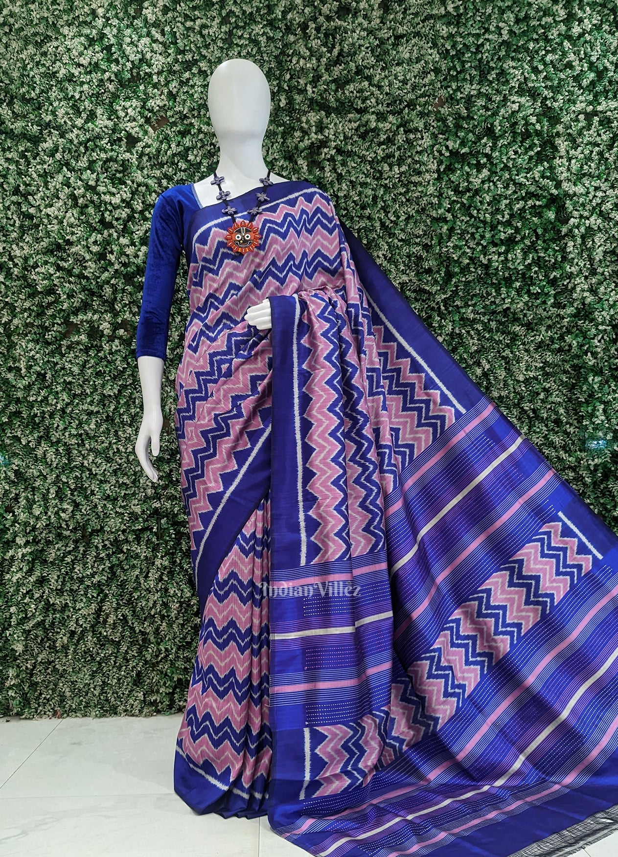 IndianVillèz Baby Pink Blue Waves Odisha Ikat Contemporary Designer Saree