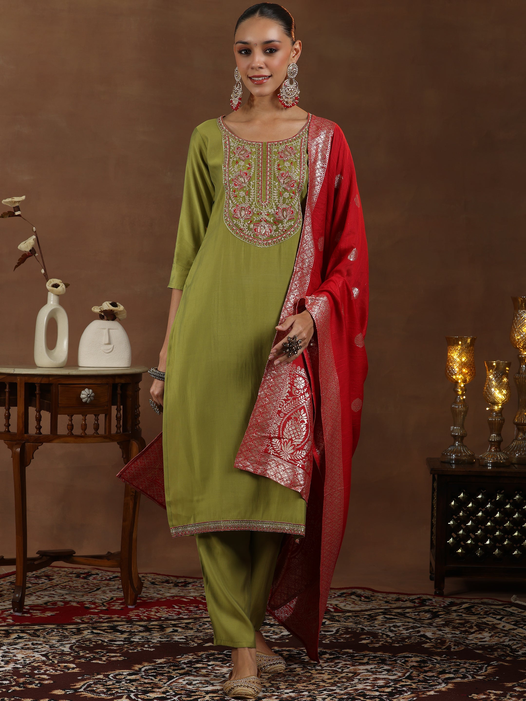 Gerua By Libas Green Yoke Design Silk Blend Straight Suit With Dupatta - view 2