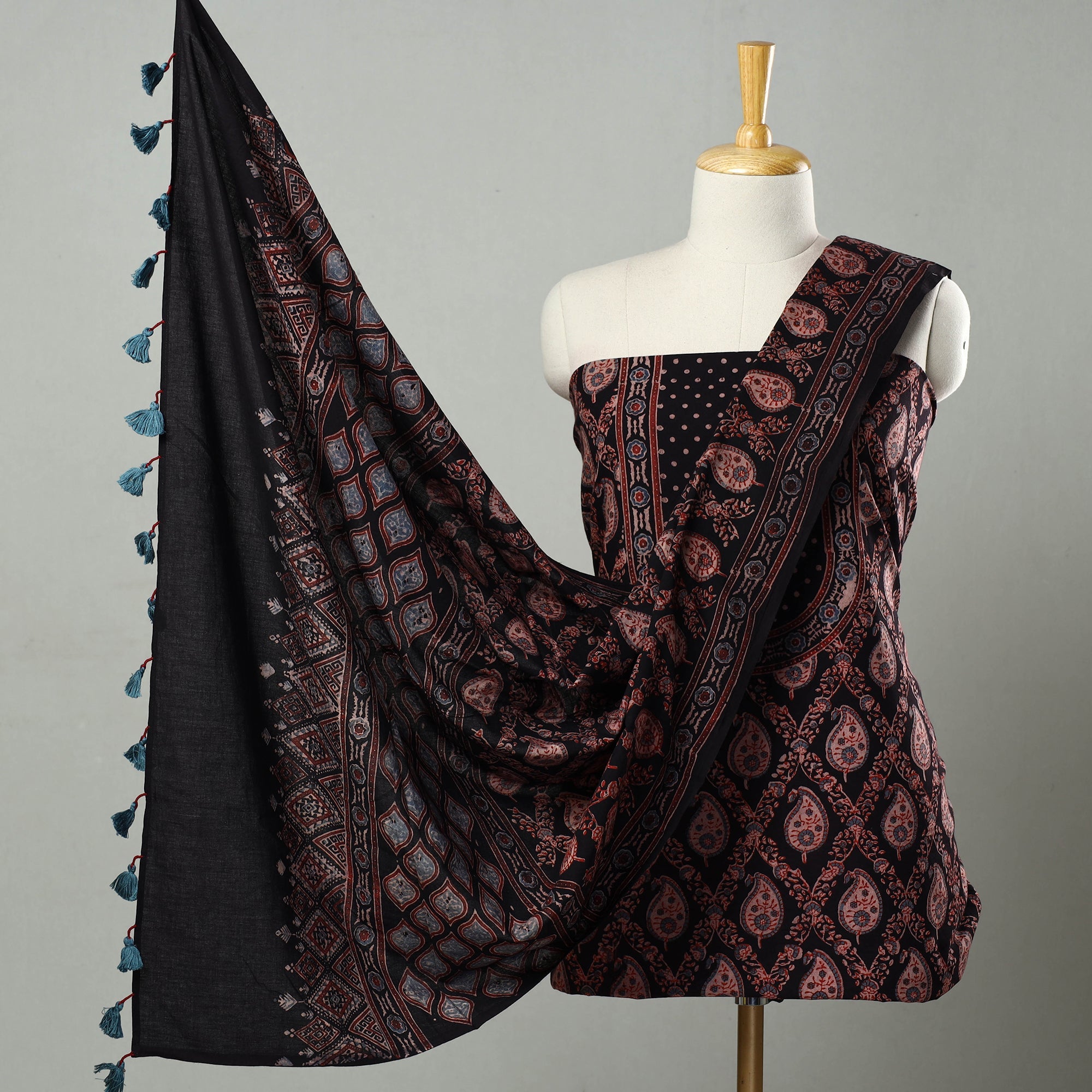 AJRAKH BY JABBAR KHATRI Black - Hand Block Print Cotton 3pc Ajrakh Dress Material 09