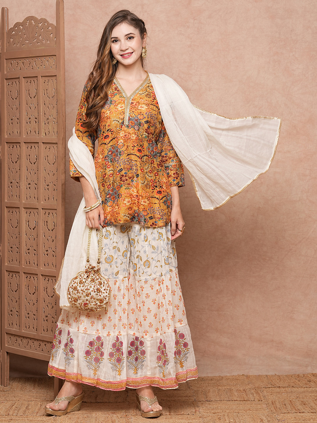Fashor Floral Printed Sequins & Resham Embroidered kurti with Sharara & Dupatta - Mustard - view 2