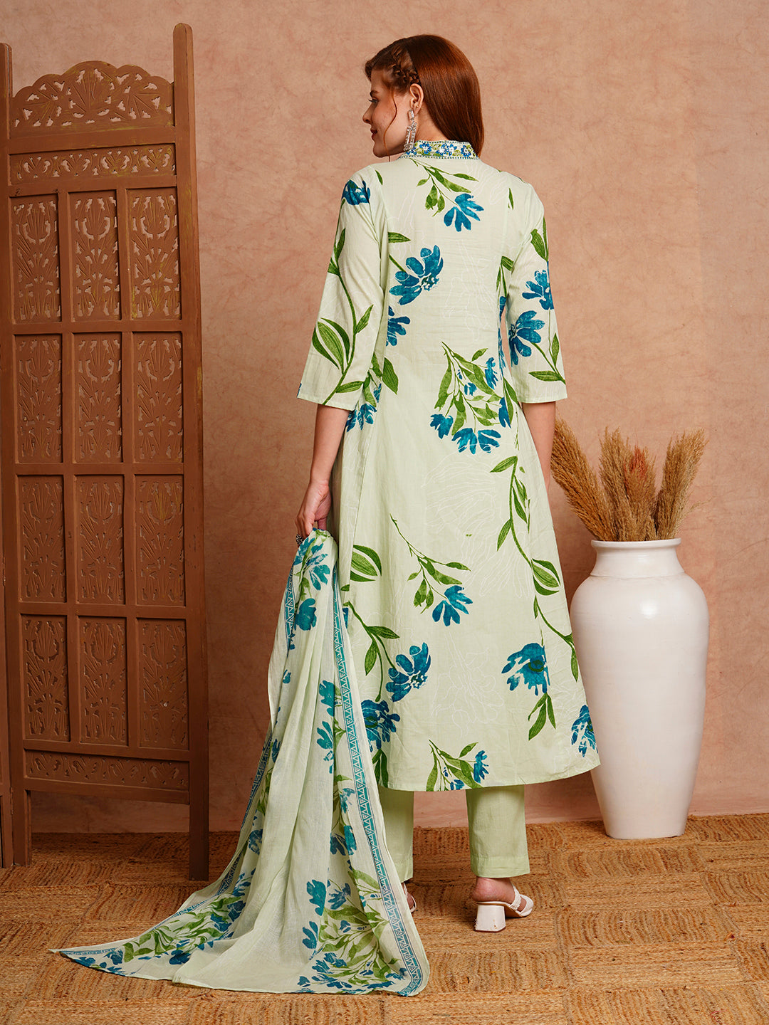 FASHOR Floral Printed & Embroidered A-Line Paneled Kurta with Pant and Dupatta - Mint Green - view 6