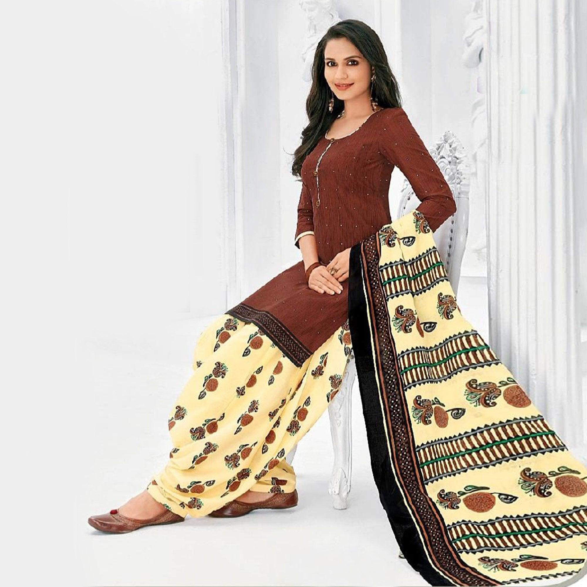 Peachmode Seller Magnetic Brown Colored Casual Wear Printed Cotton Stitched Patiala Suit