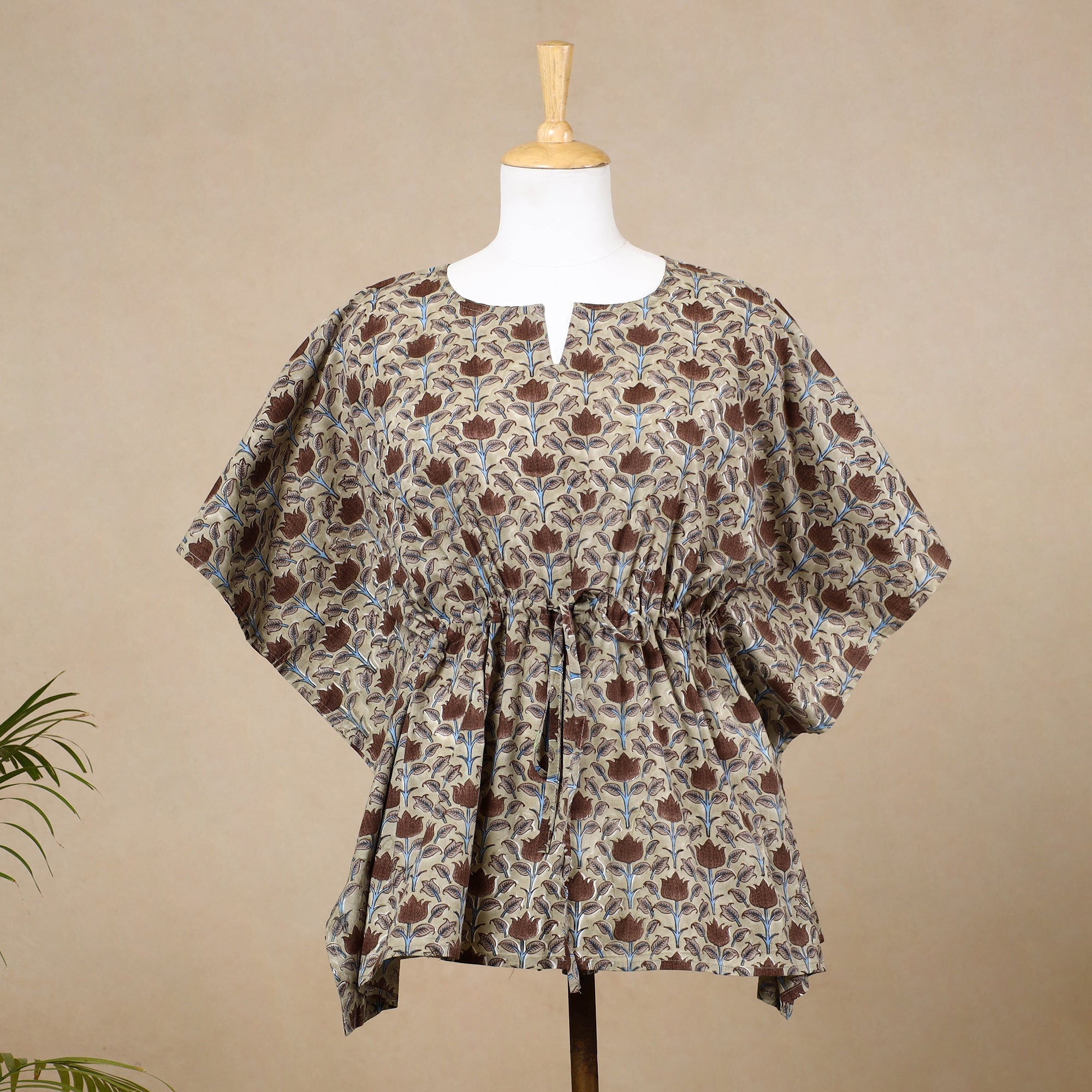 CHUTNEY CRAFT STUDIO Beige - Hand Block Printed Cotton Kaftan with Tie-Up Waist (Short)