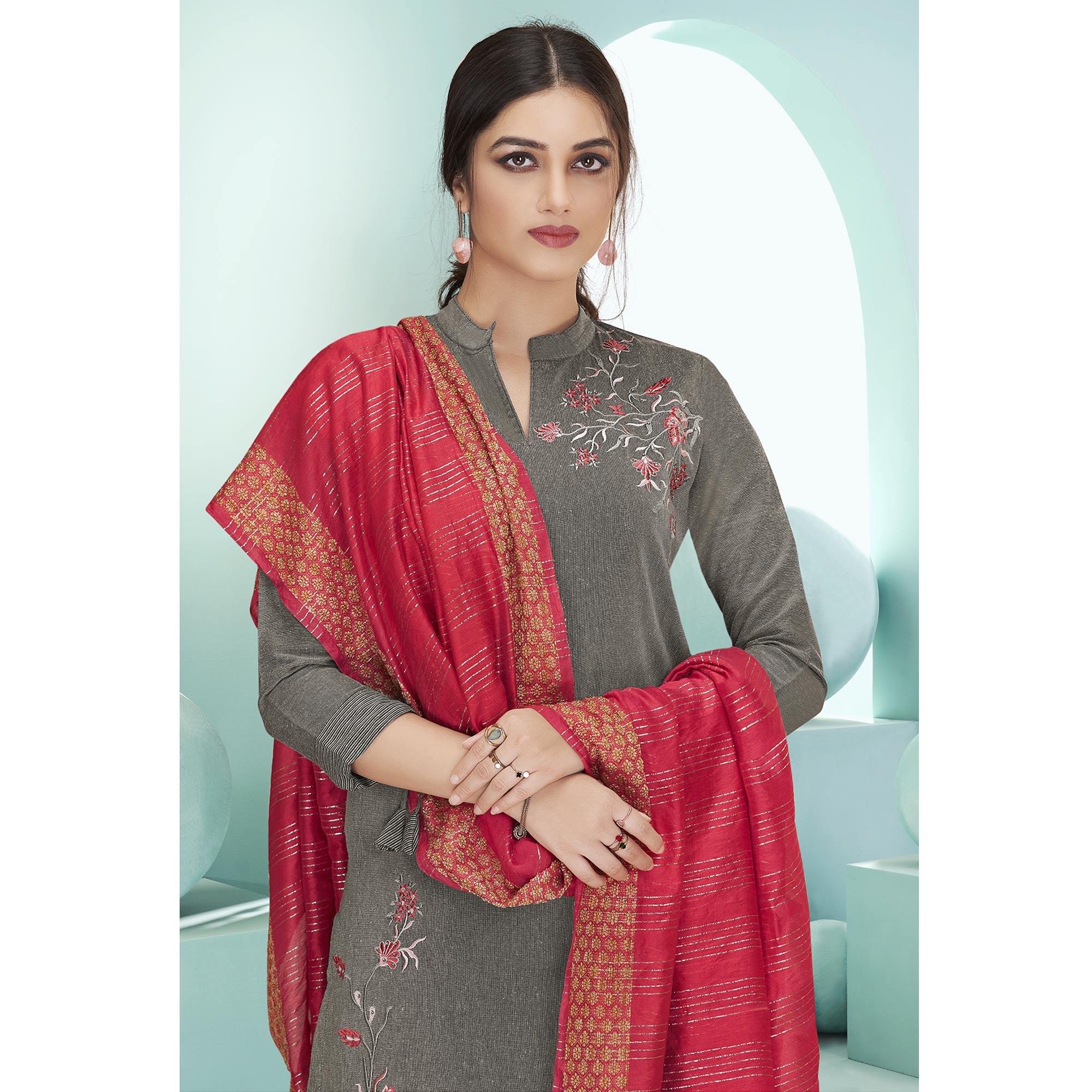 Peachmode Seller Dark Grey Casual Wear Embroidered Cotton Suit - view 2