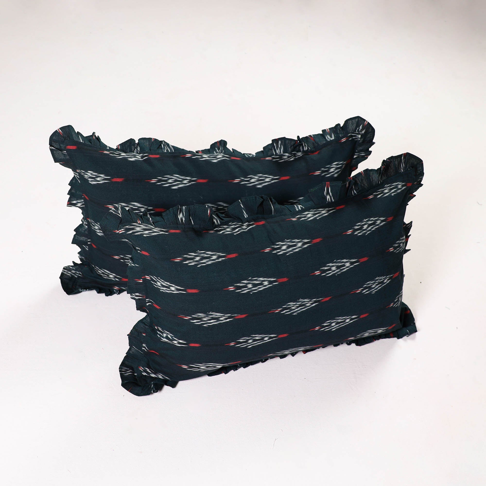 NOORI BAZAR Set of 2 Pochampally Ikat Cotton Frill Pillow Covers 31