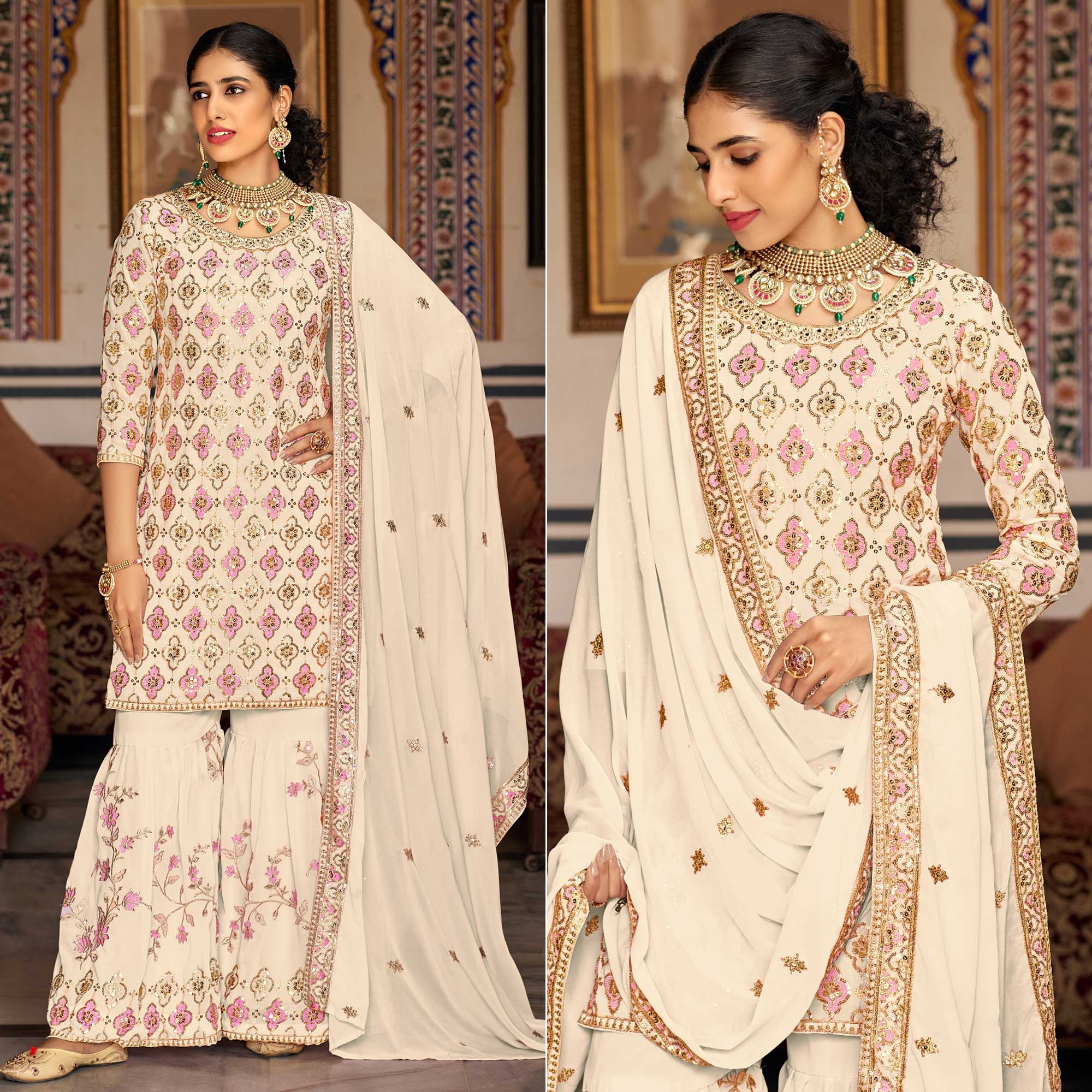 Peachmode Cream Sequins Embroidered Georgette Semi Stitched Suit