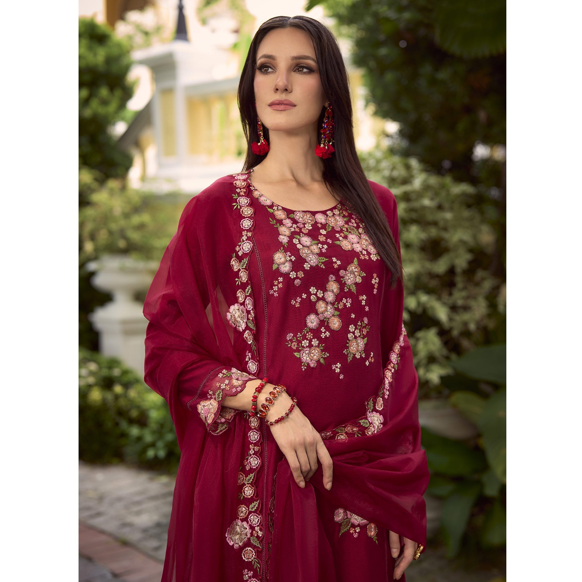 Peachmode Maroon Floral Handwork Embroidered Viscose Salwar Suit - view 6