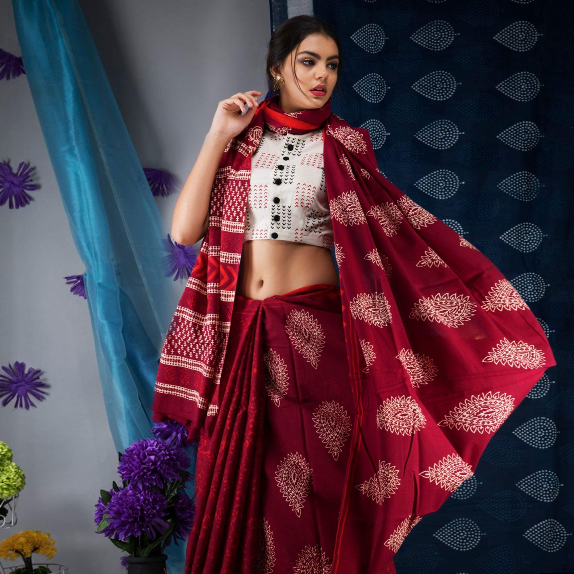 Peachmode Maroon Floral Printed Linen Saree – Women's