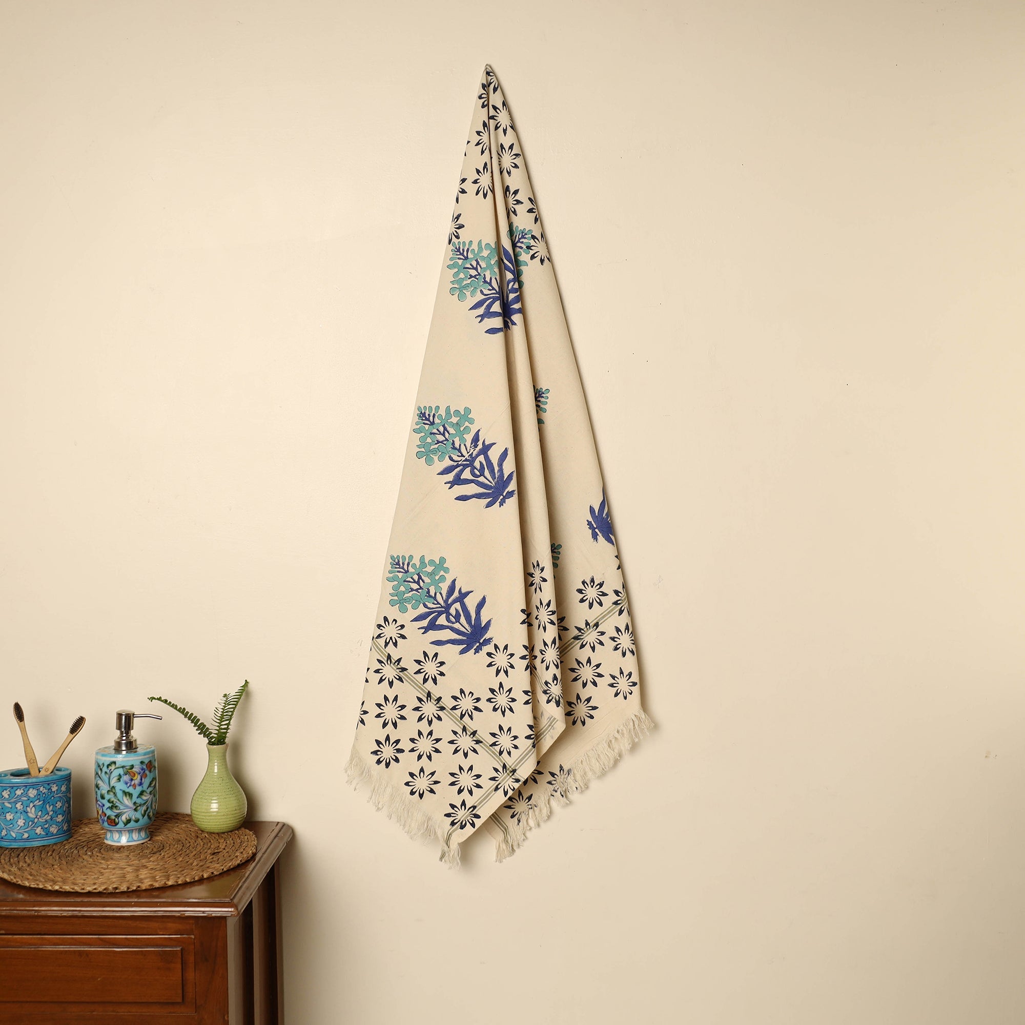 ARTISAN HAND BLOCK PRINTS Beige - Block Printed Handloom Cotton Sanganeri Towel 31