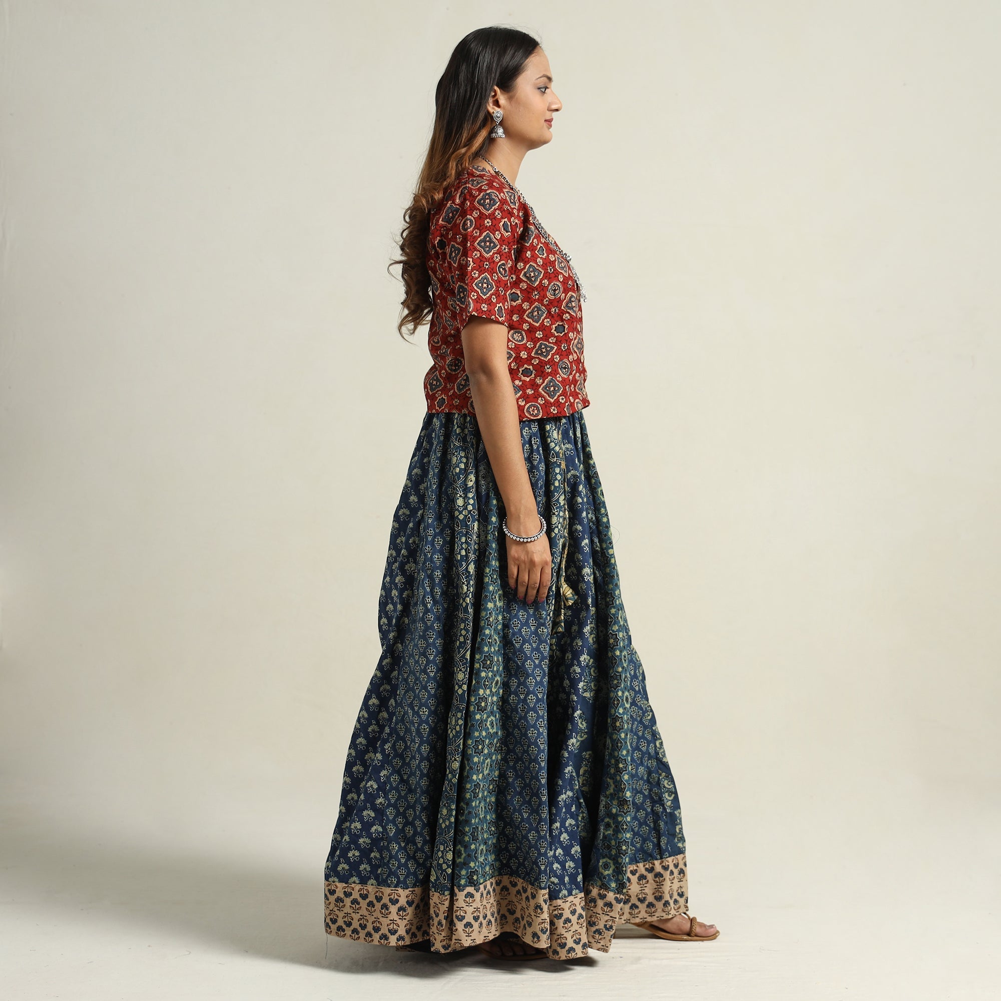 NOORI BAZAR Blue - Ajrakh Block Printed 24 Kali Patchwork Cotton Long Skirt 31 - view 3
