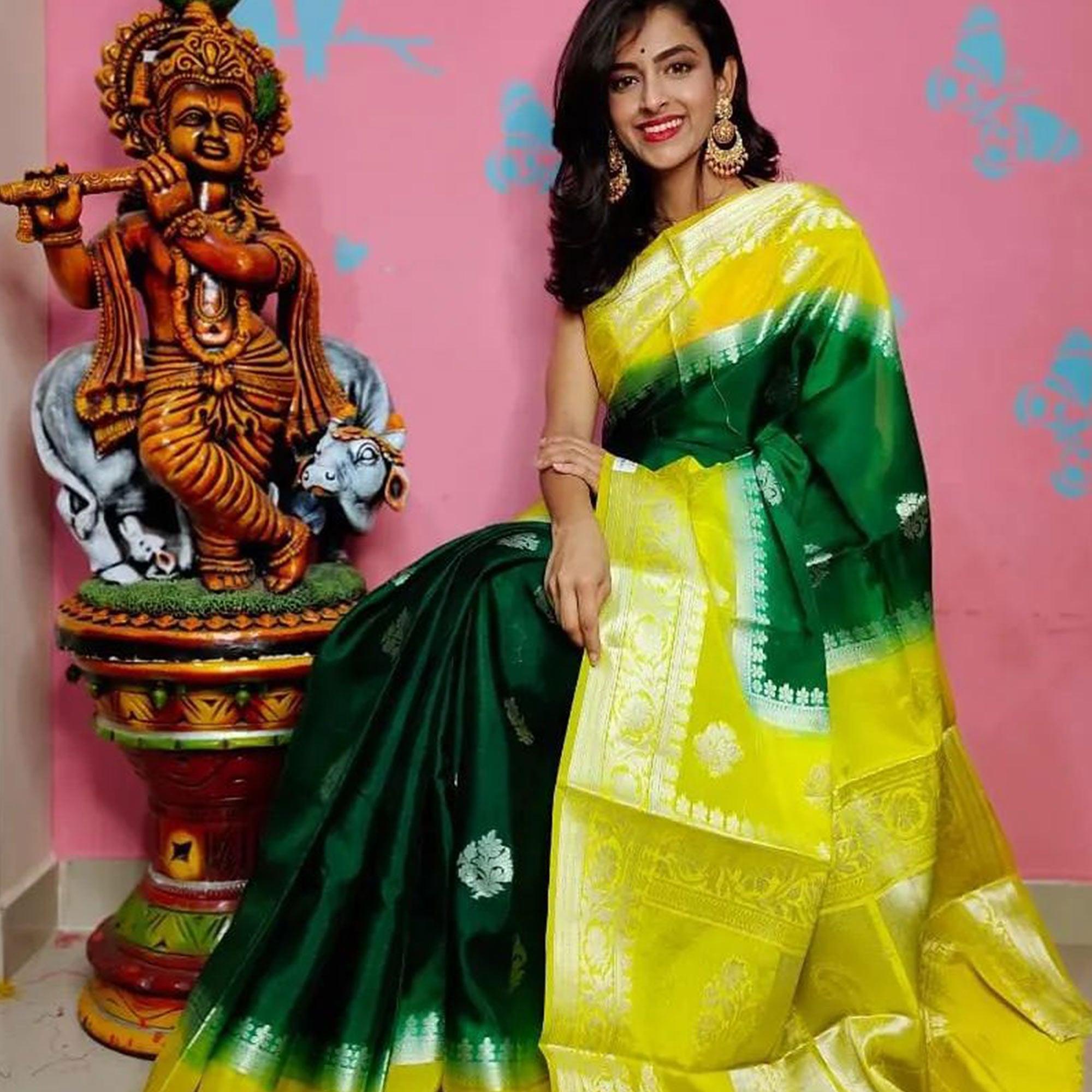 Green sarees – BlackTree green-festive-wear-woven-banarasi-pure-organza-saree-134559