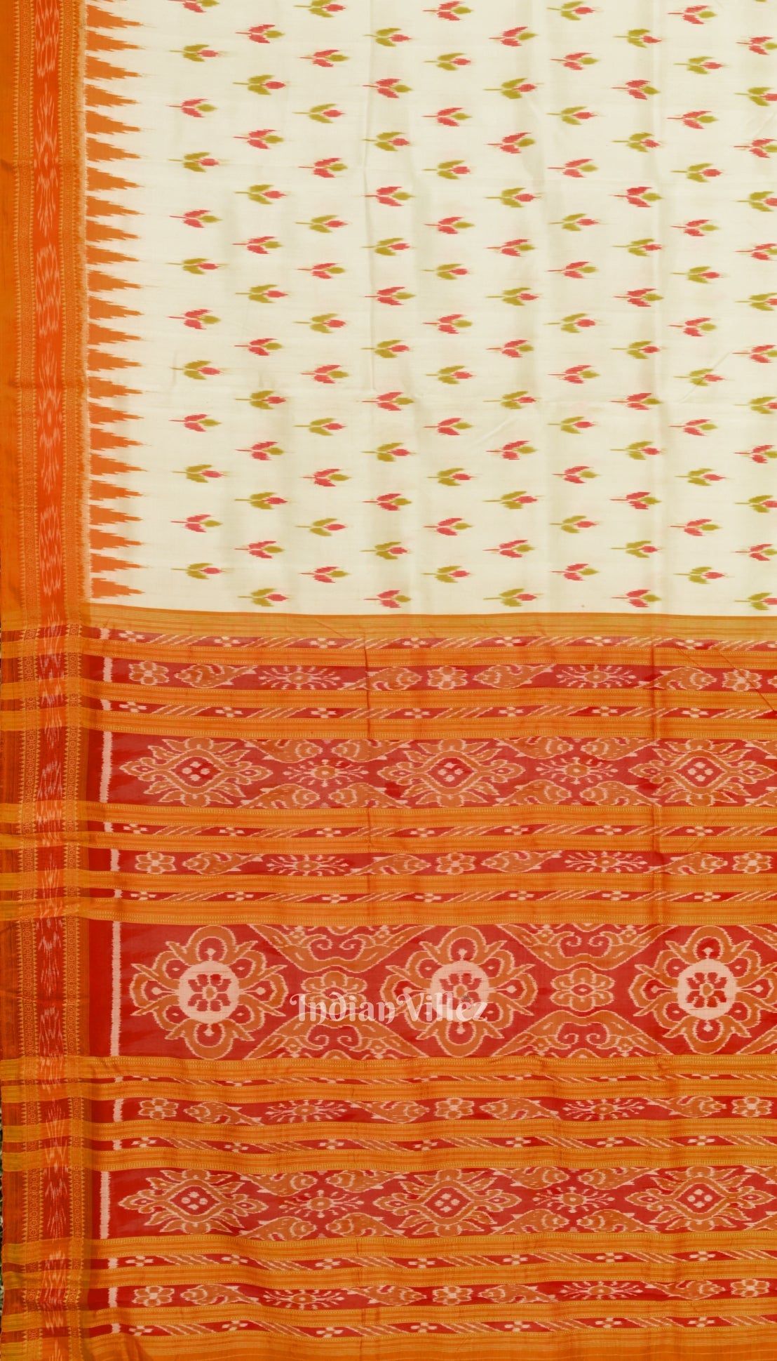 IndianVillèz Off White Orange Mayur Chandrika Odisha Ikat Khandua Silk Saree - view 3