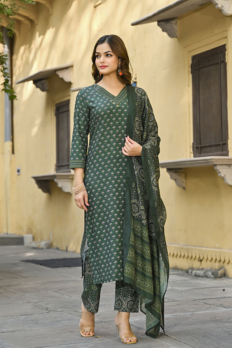 Ahika Green Cotton Blend Floral Printed Straight Suit Set VKSKD2298 - view 4