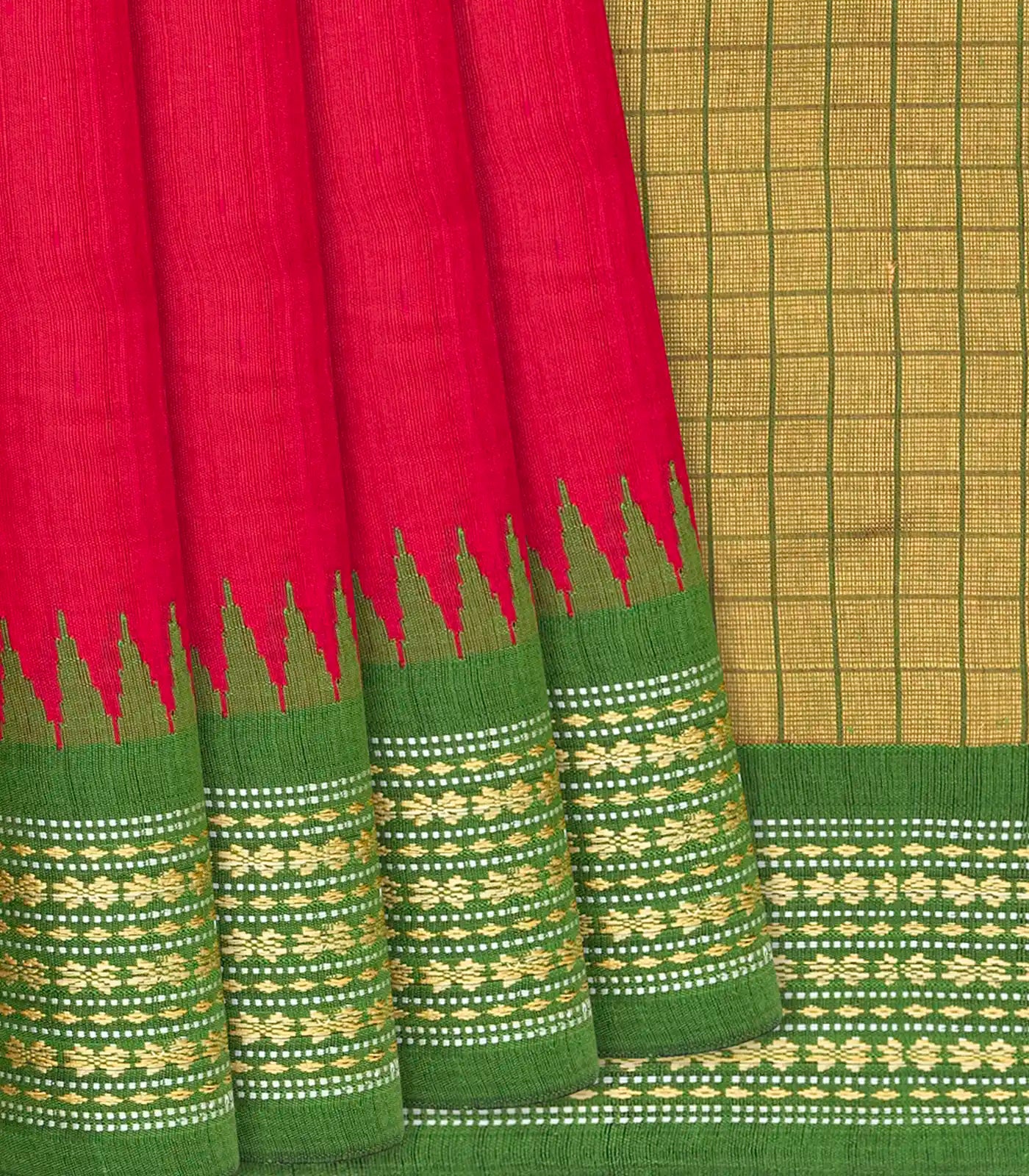 RmKV Red Woven Dupion Silk Saree With Green Border-Red