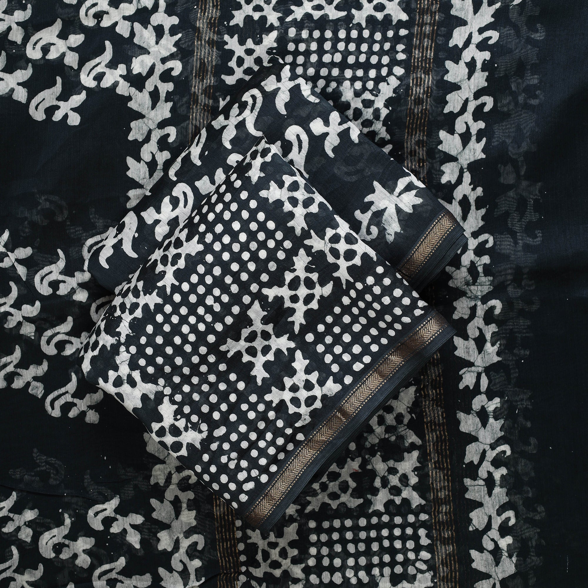 BATIK BY MD. SHARIFF Black - 3pc Chanderi Silk Hand Batik Print Dress Material 37 - view 2