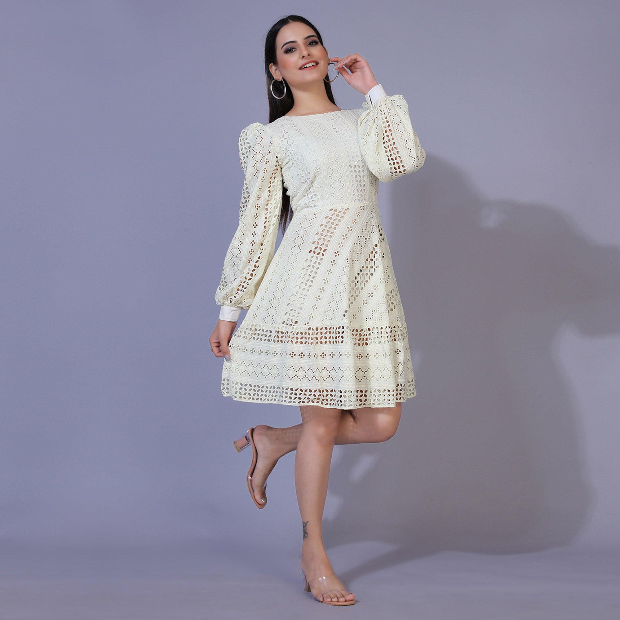 Peachmode Seller Cream Lucknowi Chikankari Work Rayon Western Dress - view 4