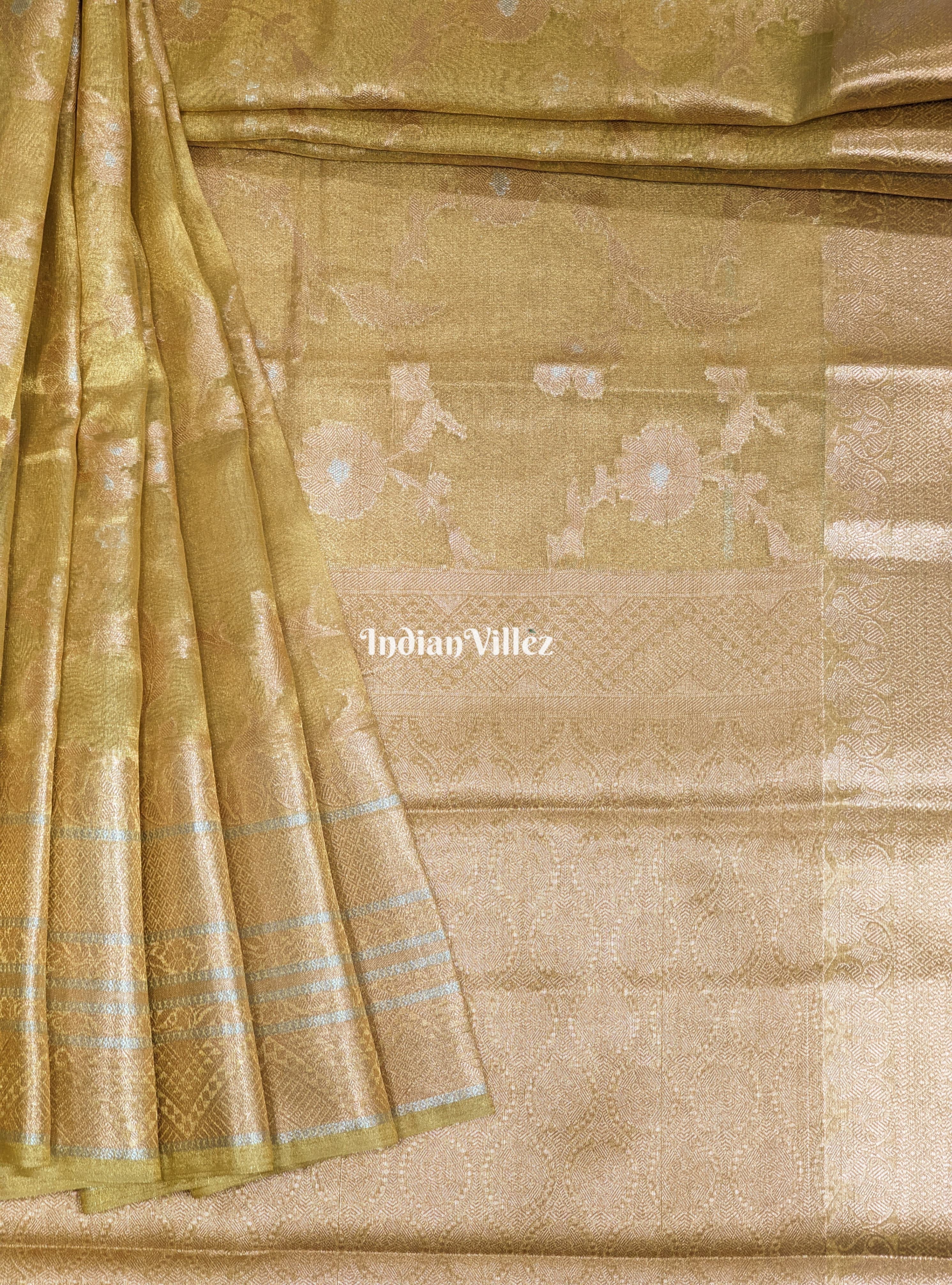 IndianVillèz Lemon Golden Dual Tone Zari Woven Banarasi Tissue Saree