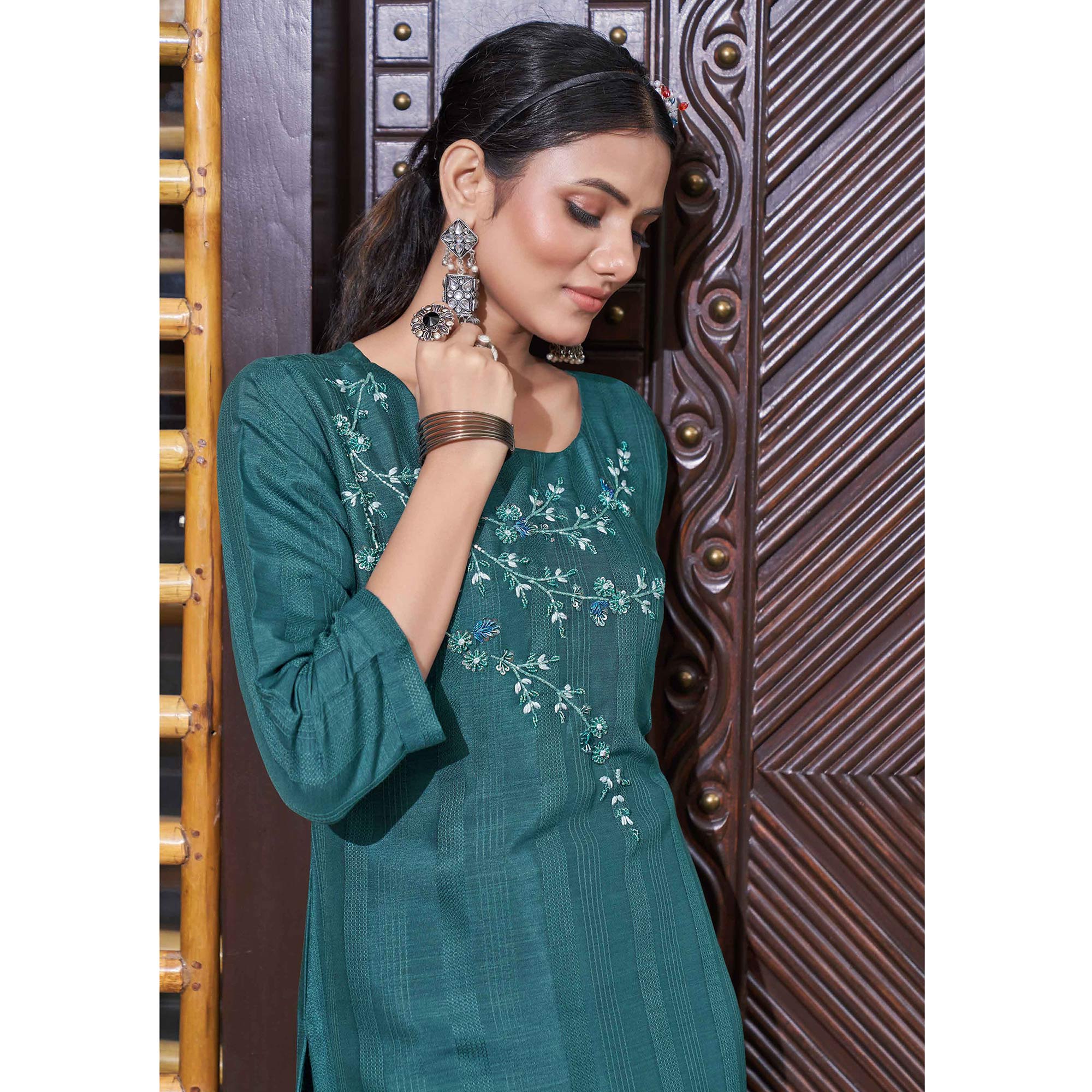 Peachmode Seller Deep Sea Green Floral Embroidered Rayon Kurti - view 4