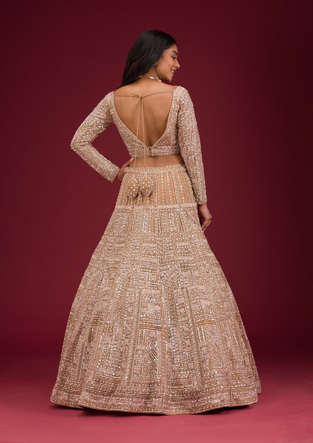 Koskii Beige Sequins Net Readymade Lehenga – Women's - view 3